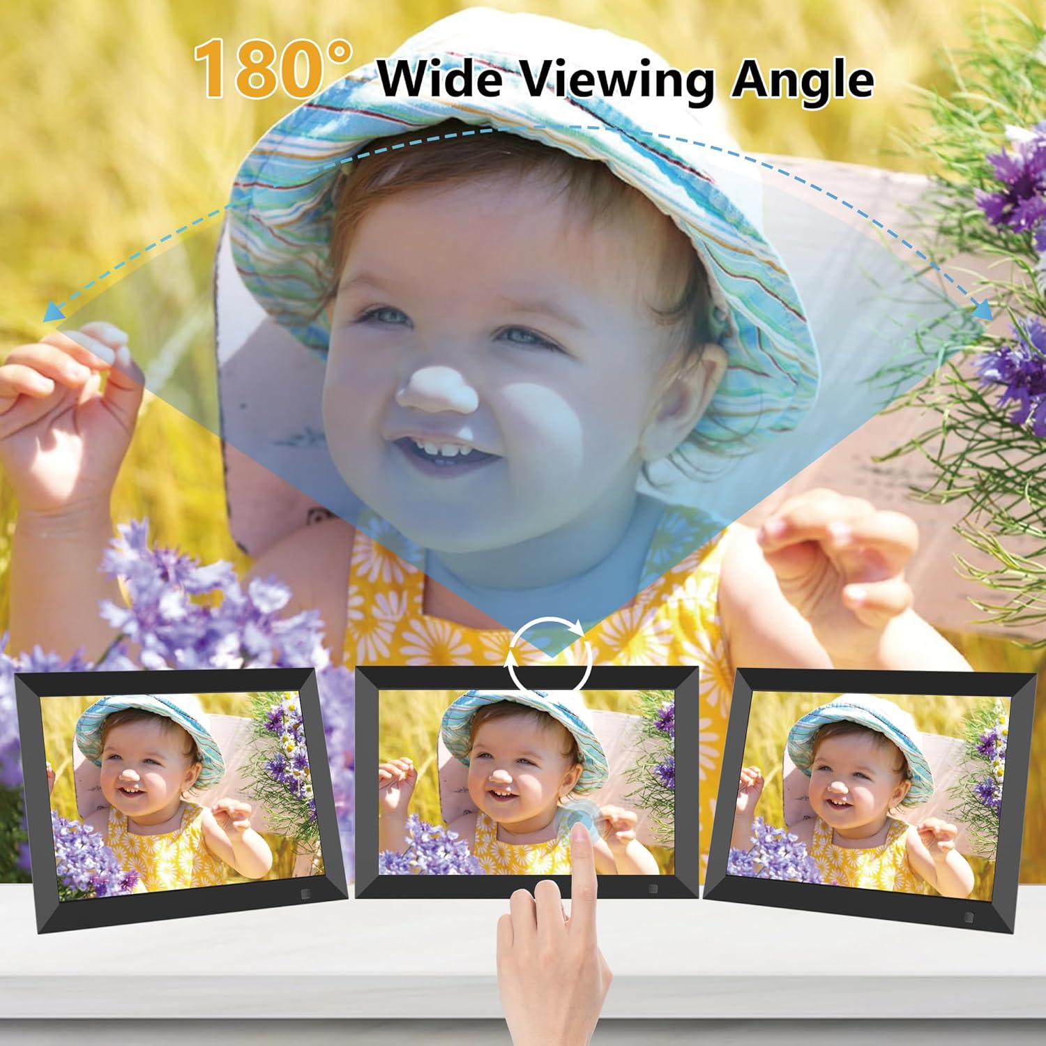 REUMAR Frameo digital picture frame demonstrating a 180-degree wide viewing angle and auto-rotate function with a baby's photo.
