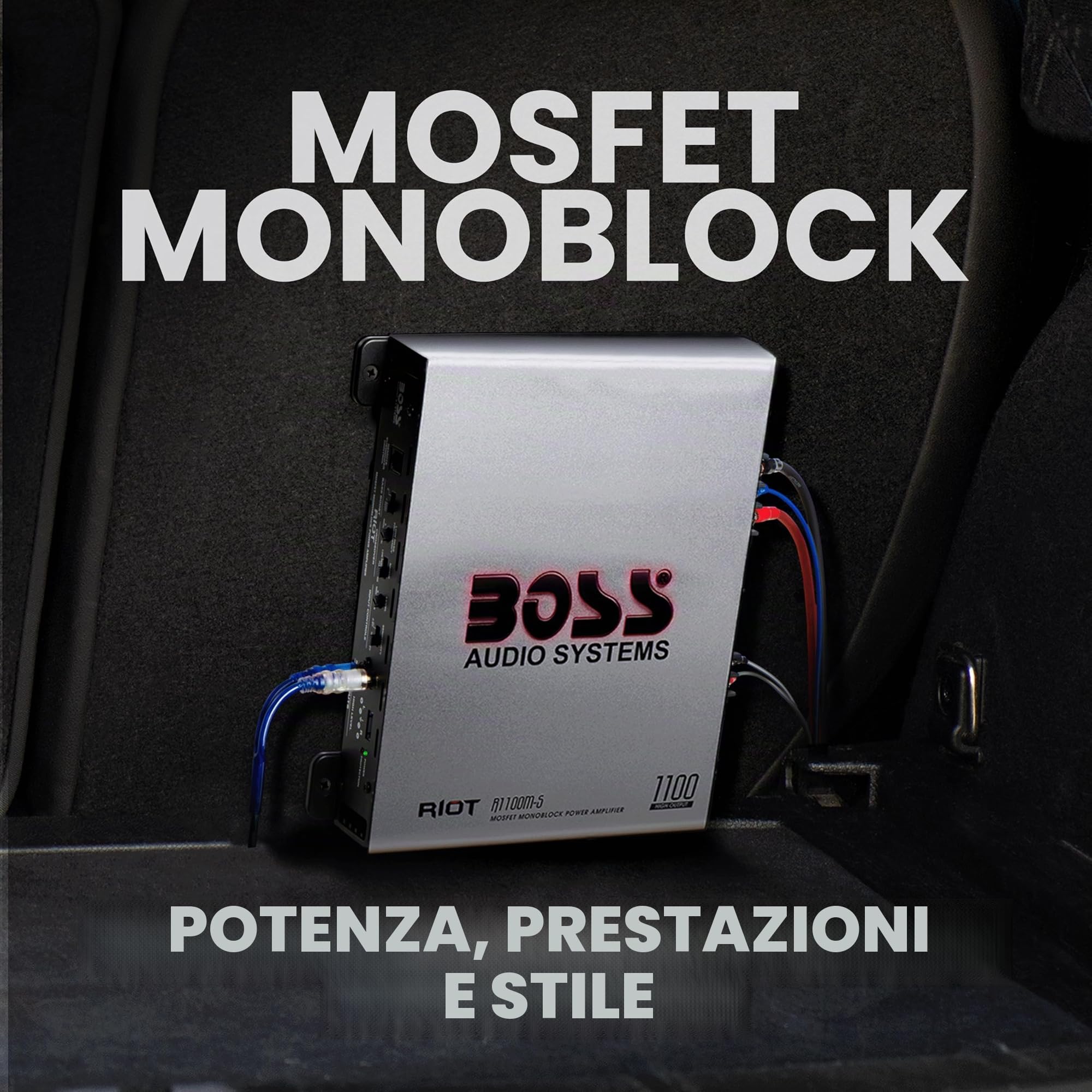 BOSS Audio Systems R1100M-S Riot Series Car Audio Subwoofer Amplificatore - 1100 High Output, Monoblocco, Classe A/B, 2/4 Ohm stabile, Ingressi basso/Alto livello, Crossover passa-basso, Mosfet,
