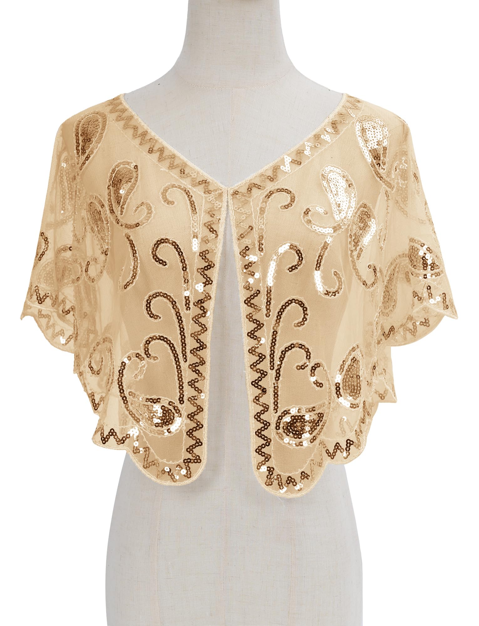 Ausing Women's 1920s Shawl Apricot Sequin Evening Cape Flapper Shrug Great Gatsby Retro Tulle Shawls Vintage Mesh Shawl Wraps Shiny Short Art Deco Wrap Bridal Party Wedding Cover Up - Image 3