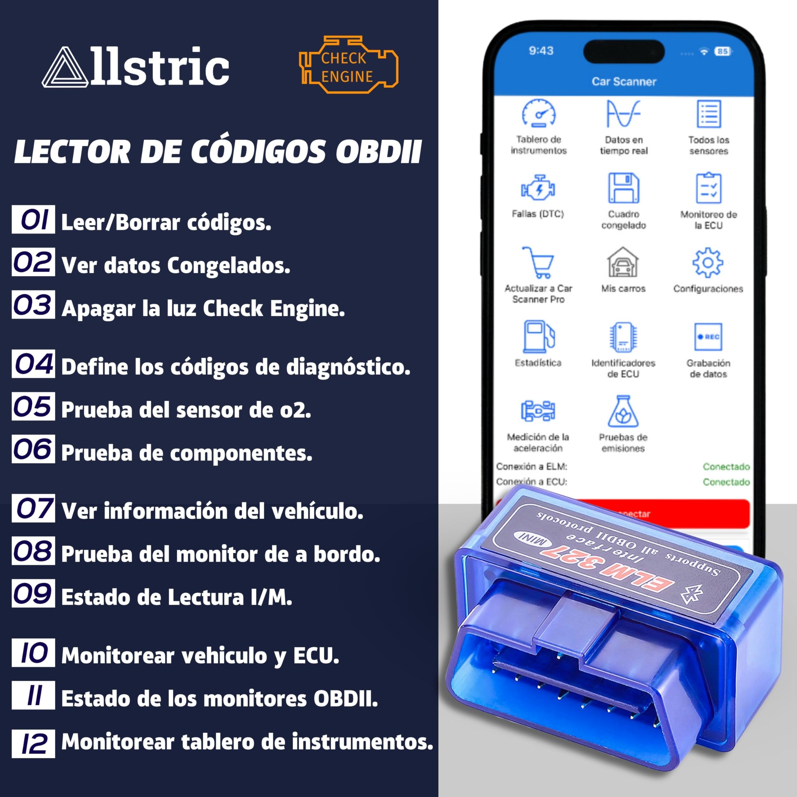Allstric® Obd2 Diagnosis Coche Multimarca. ELM 327 Lector y Herramienta de Análisis y Diagnostico. Obd2 Bluetooth OBD Original para Escaner. Maquina Diagnosis Coche de Fallos y Errores. — view 2