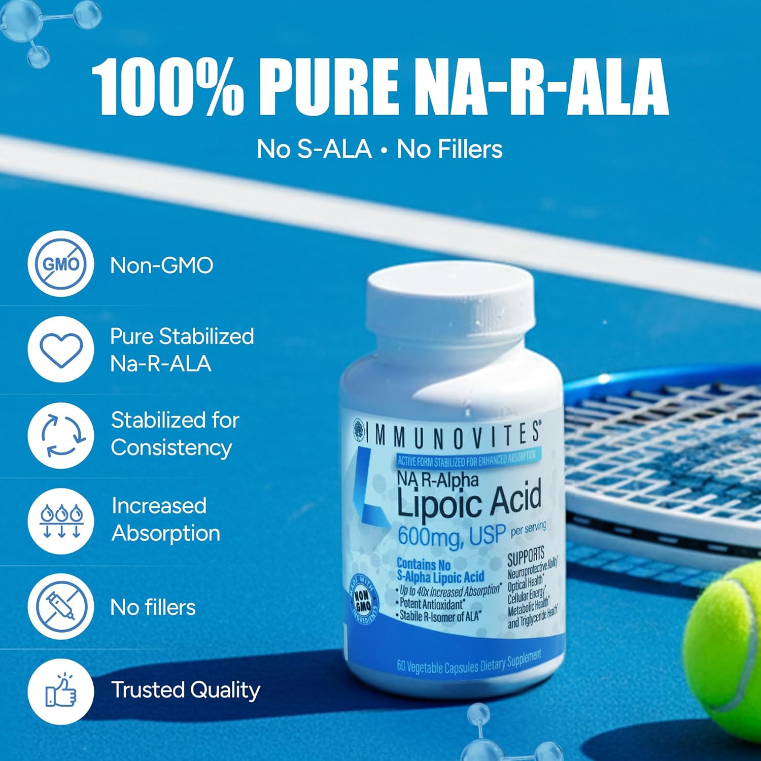 IMMUNOVITES Stabilized R-Alpha Lipoic Acid ((True)) 600mg per Serving [[High Potency & up to 40x Increased Absorption]] (Na R-ALA) (Na R-LA) (Na R-Lipoate) (1 Bottle)
