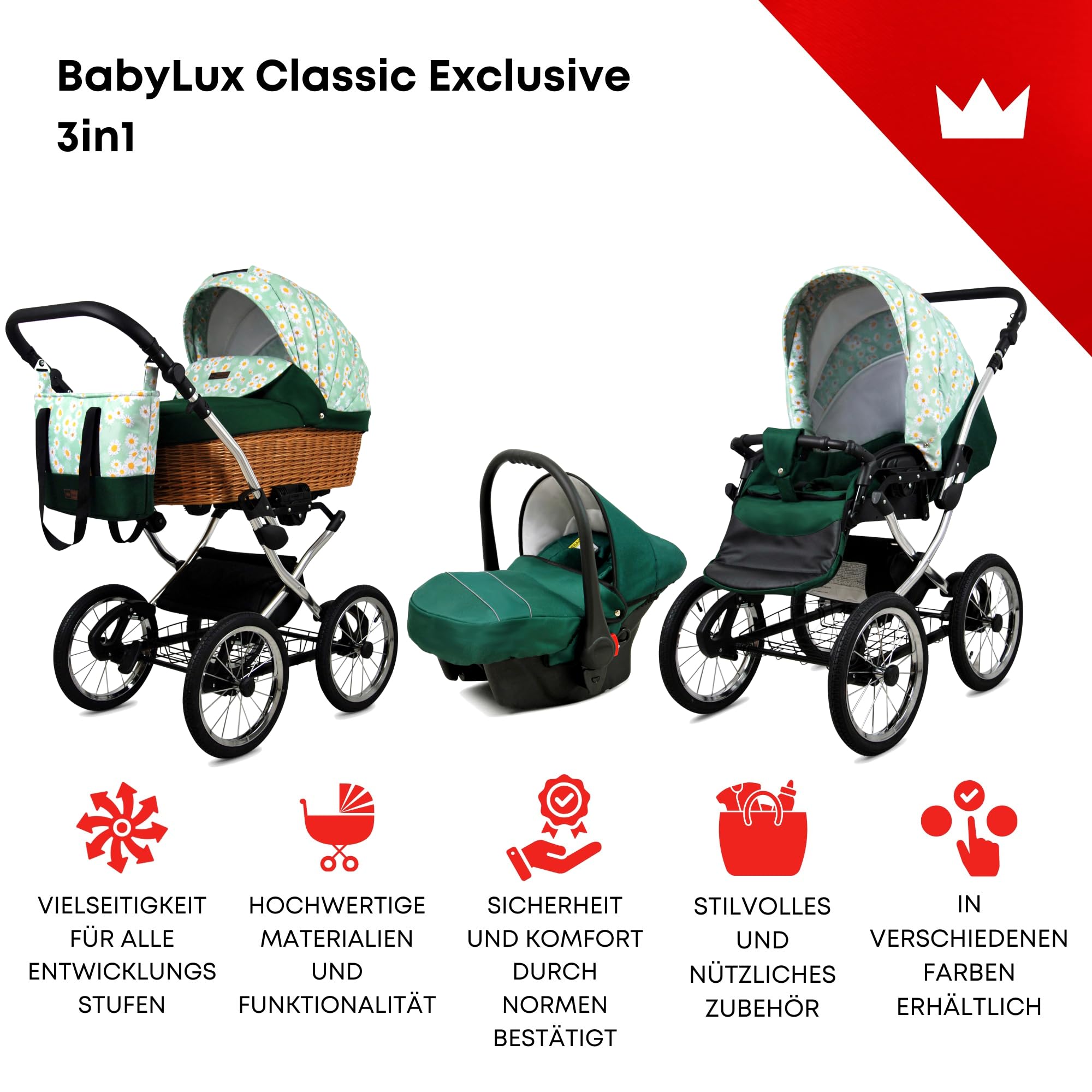 BabyLux Kinderwagen 3in1 mit Autositz für Kleinkinder – Kinderwagen für Neugeborene und Kleinkinder –– Baby Neugeborenen Kinderwagen – 59x105x125cm – Max 15kg – Green Daisy Silver Frame