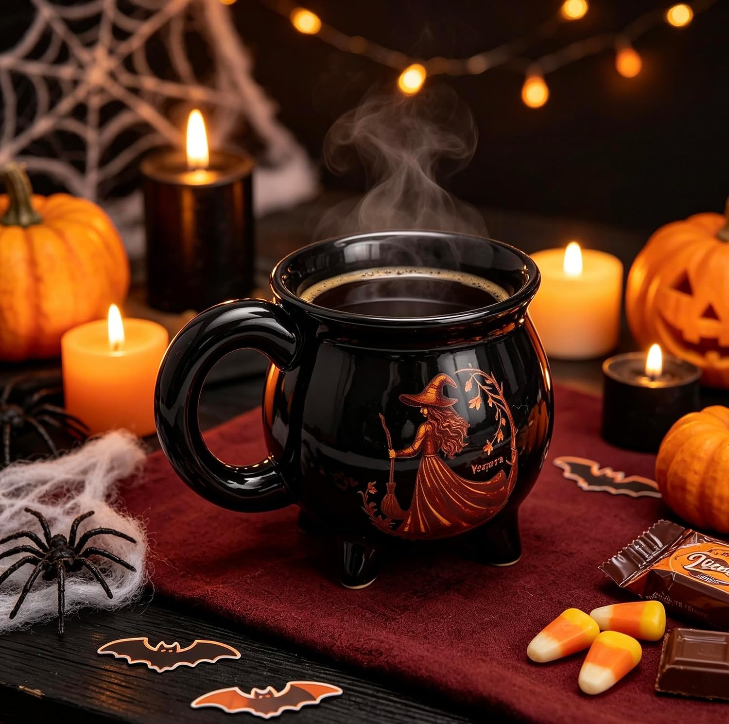 Halloween Ceramic Cauldron Mug, 17 Ounces Coffee Cup, Glossy Finish with Handle, Reusable Hot Beverage Container for Adults (New Witch, Black) image 3
