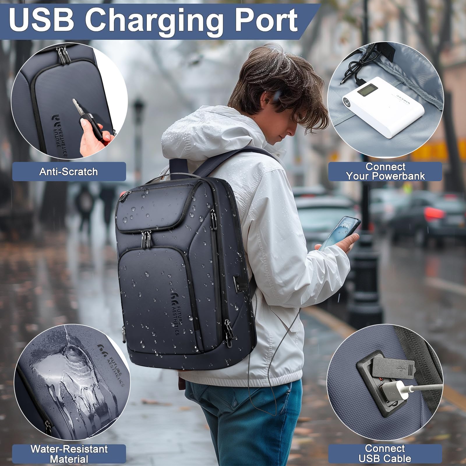 Sac à Dos Affaires Ordinateur Portable de 17,3 pouces avec Double Port USB Étanche Ultraléger Travail Bureau 30L (Bleu)