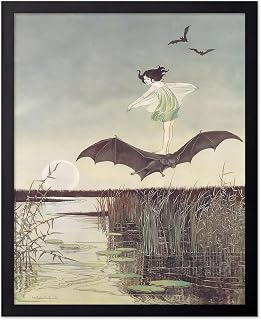 Poster Master Vintage A Winged Fairy and Black Bat Poster - Fairytale Print - Mythical Art - Fairy Art - Sunset Creative - Halloween Showcase - Aesthetic Living Room or Bedroom Display - 11x14 UNFRAMED Wall Display