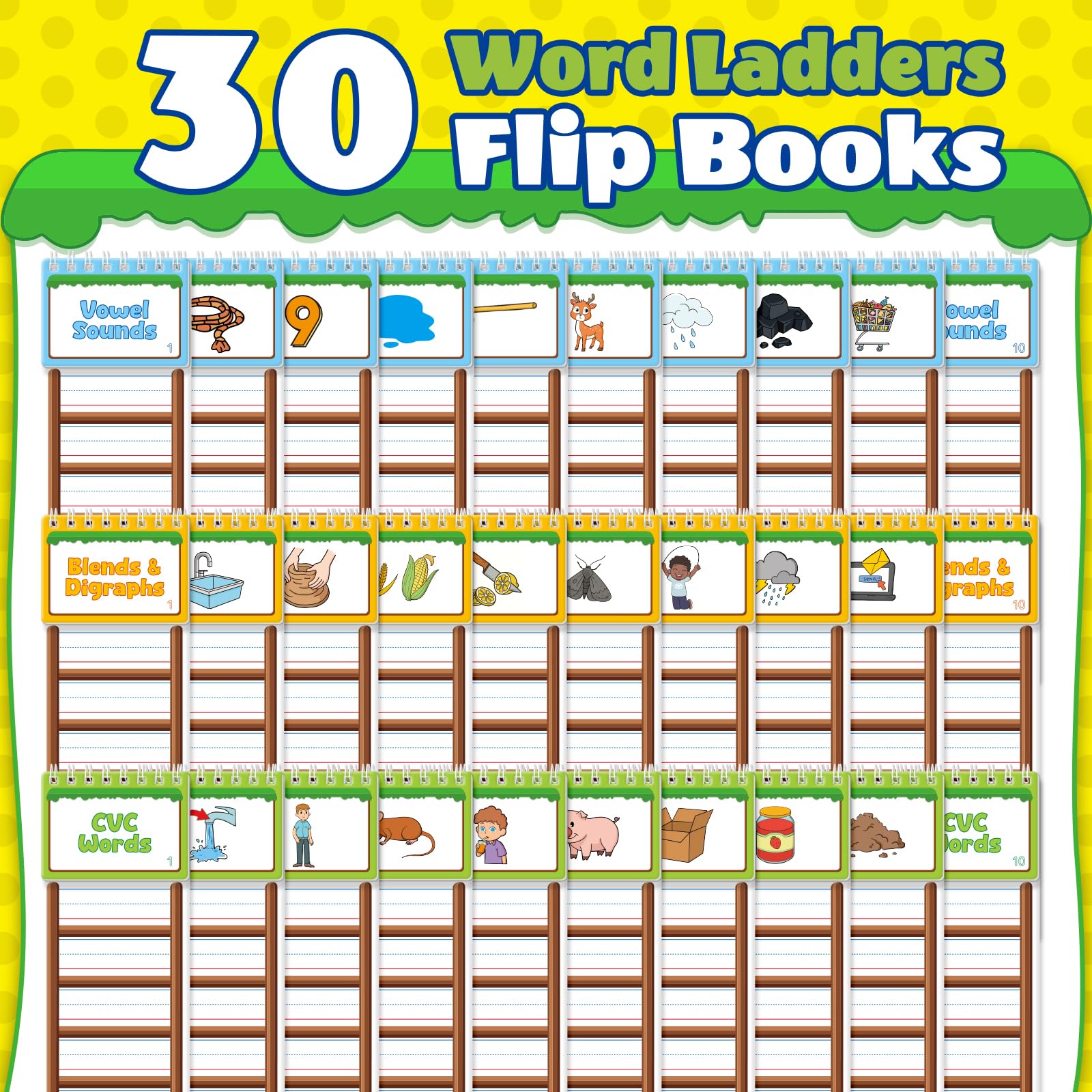 30 libros de escaleras de palabras, tarjetas flash de palabras a la vista, actividades de ortografía y lectura para niños pequeños, juegos de fonética para niños de 3 a 6 años, herramientas