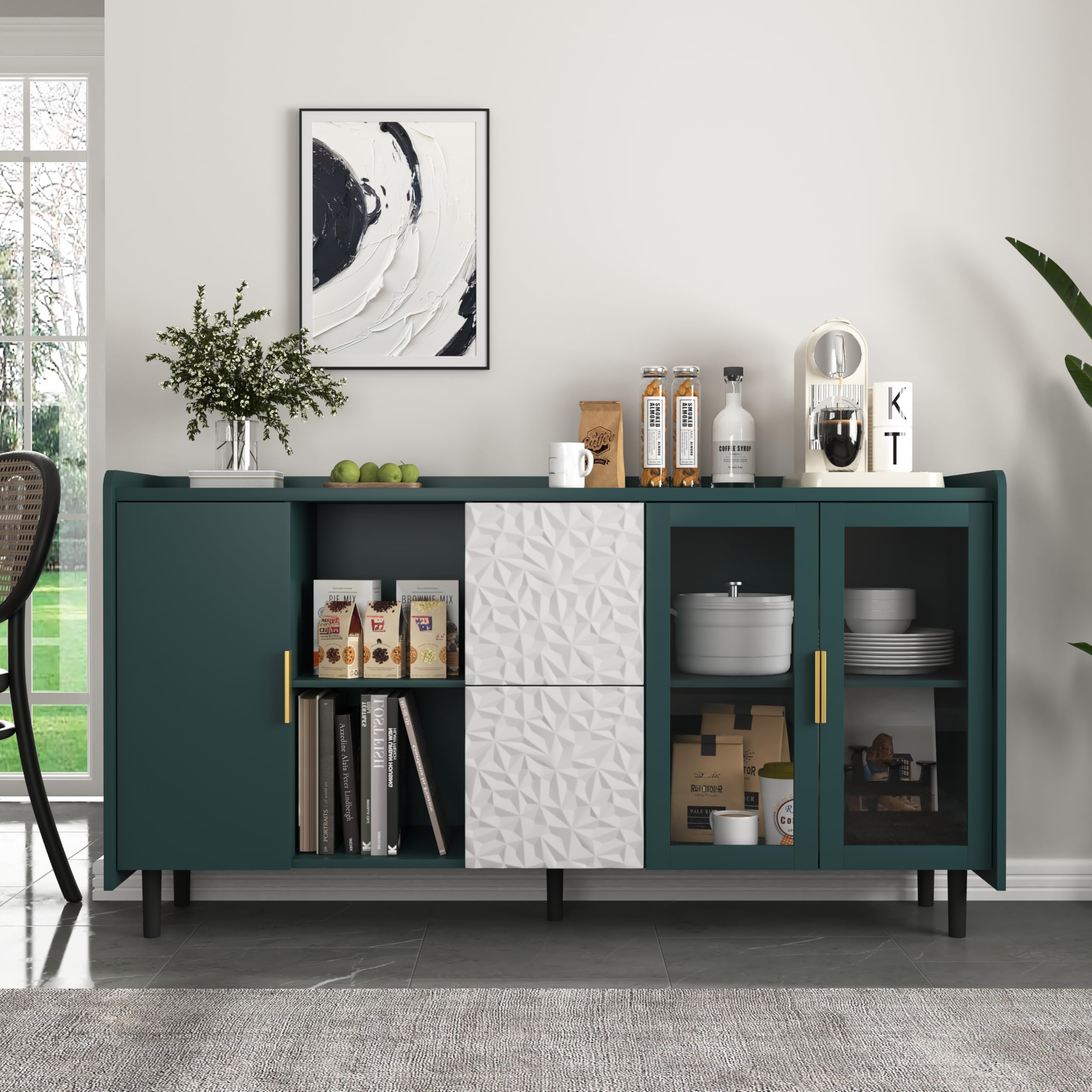 Credenza Cucina 150 Cm Con 2 Ante In Vetro 2 Cassetti 2 Vani Aperti Coffee Bar In MDF Piano Grande Per Elettrodomestici Mobile Cucina Dispensa Per Cucina E Soggiorno