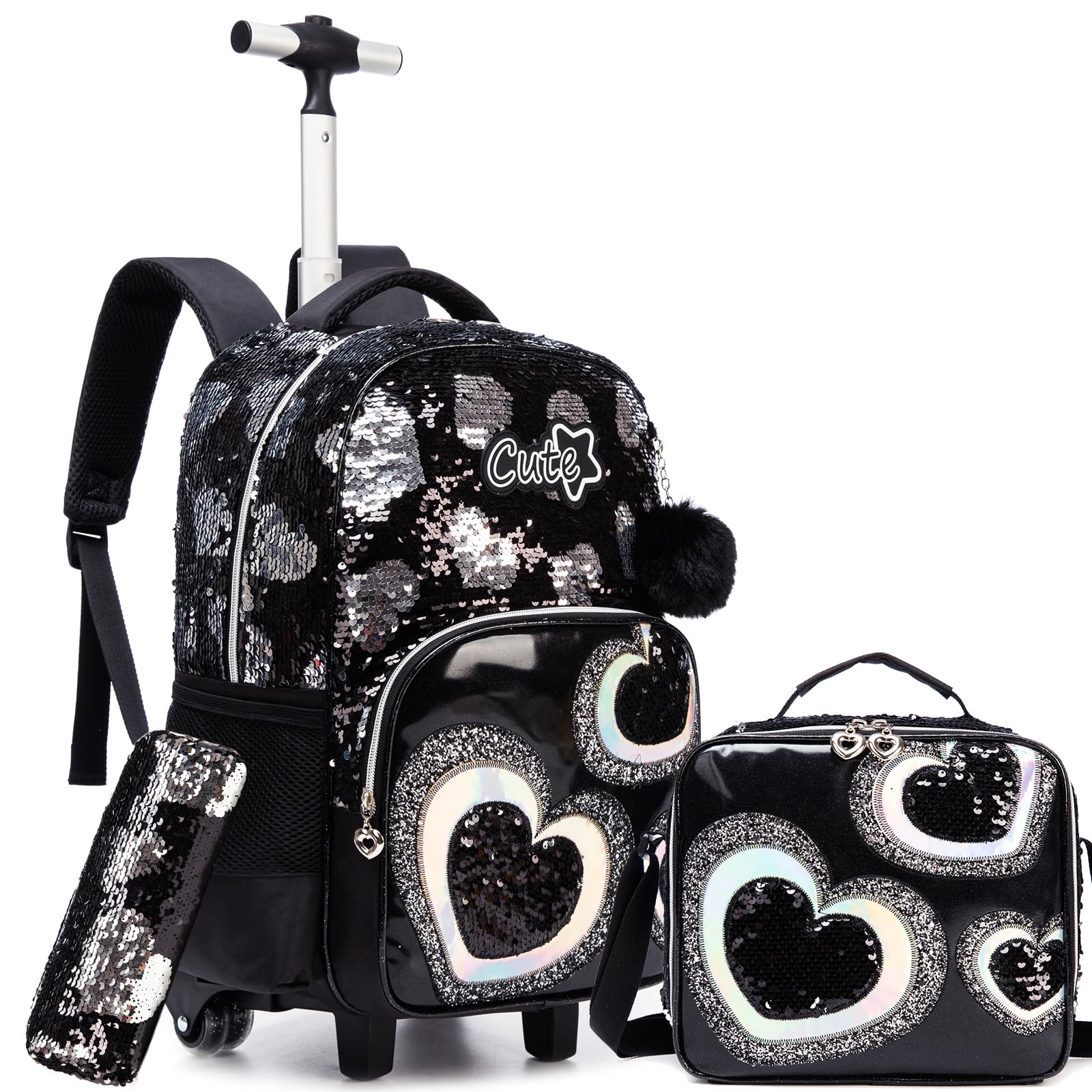 ZBAOGTW Girls Rolling Backpack Kids Trolley School Bag with Wheels Rolling Backpack for Kids 8-12 Roller Backpacks for Girls Cute Schoolbag with Lunch Bag Set for Elementary