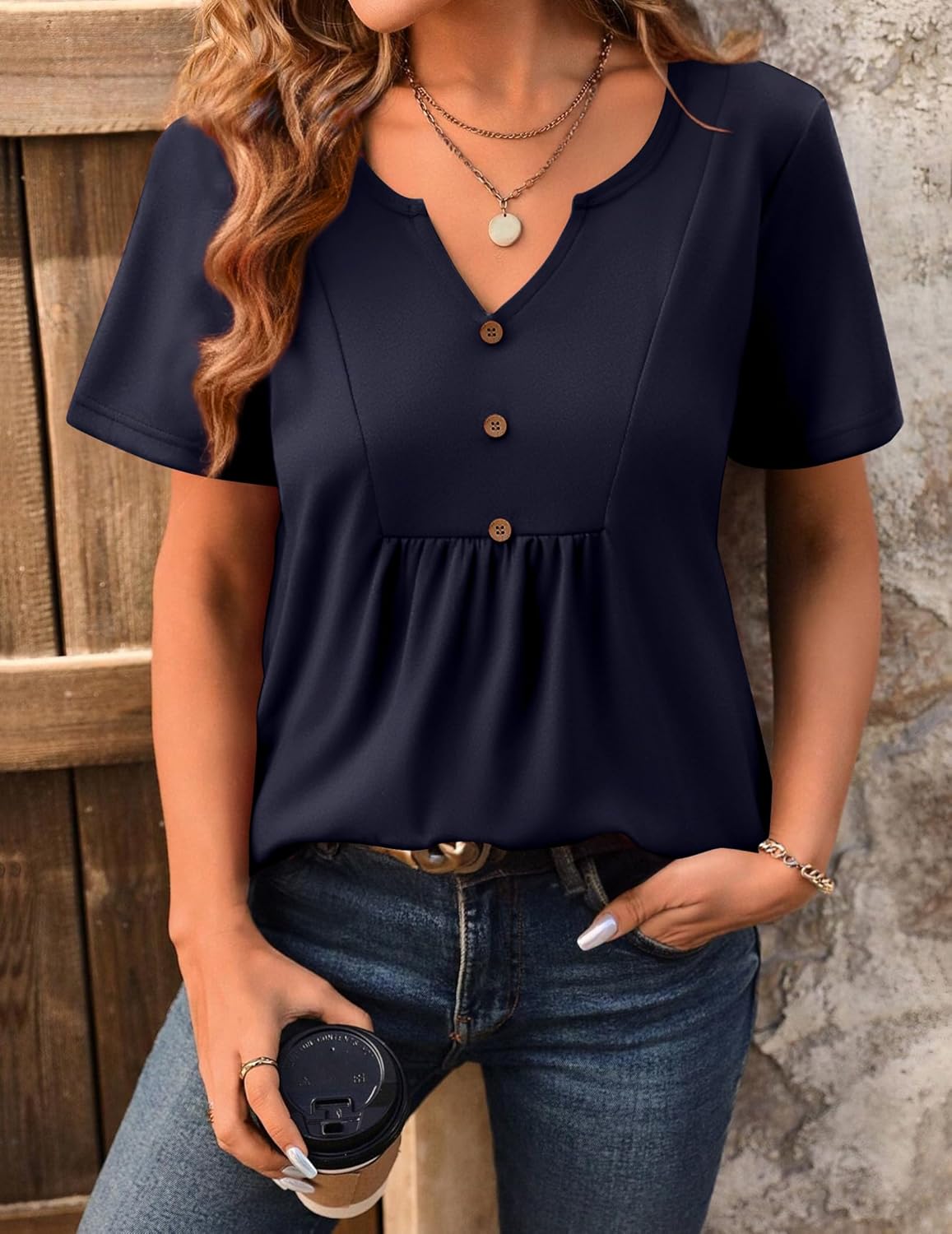 Zeagoo Damen Sommer Kurzarm Oberteile Shirt Basic Casual Tunika Top Bluse Plissee - Image 3