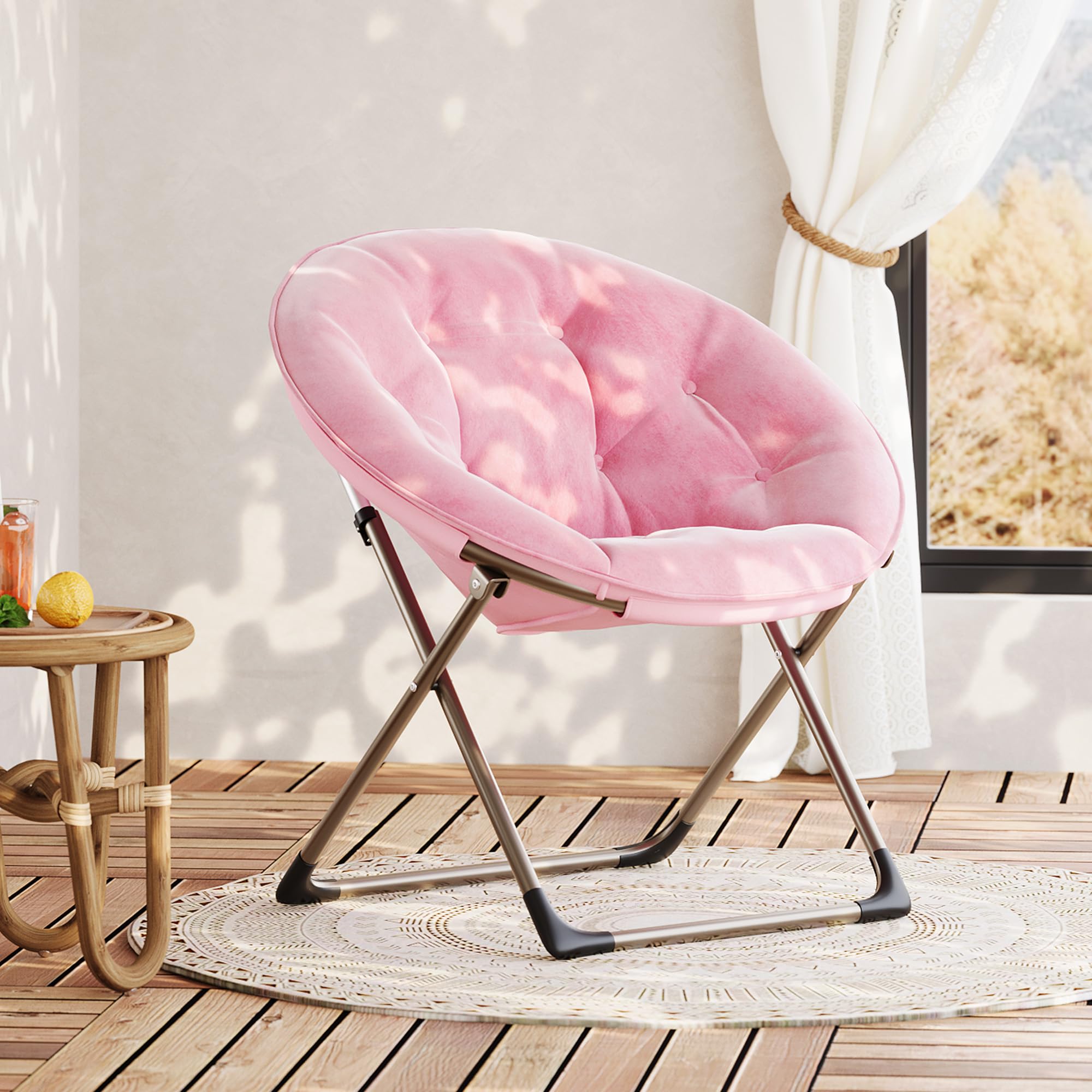 Garvee Silla Moon Plegable de Felpa Suave para Dormitorio - Estructura Metálica Resistente - Oversize y Cómoda - Ideal para Adultos, Adolescentes y Niños - Lectura y Descanso - Rosa con Patas Doradas