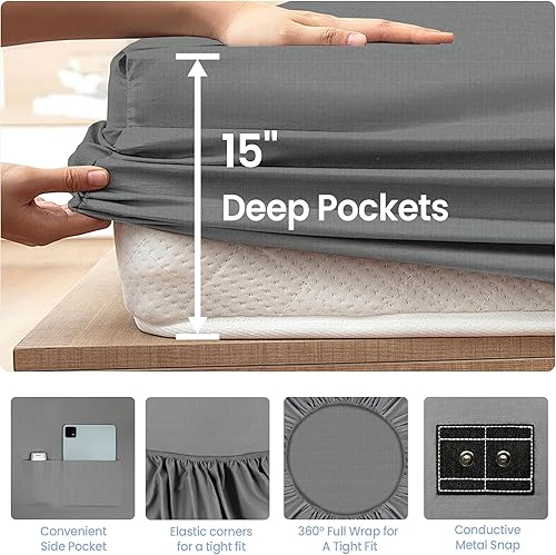 Miniatura 5 de Grounding Sheets Queen - Sábana bajera ajustable de 90 % algodón orgánico + 10 % plata pura para Earthing - Sábanas de 400 hilos con bolsillo