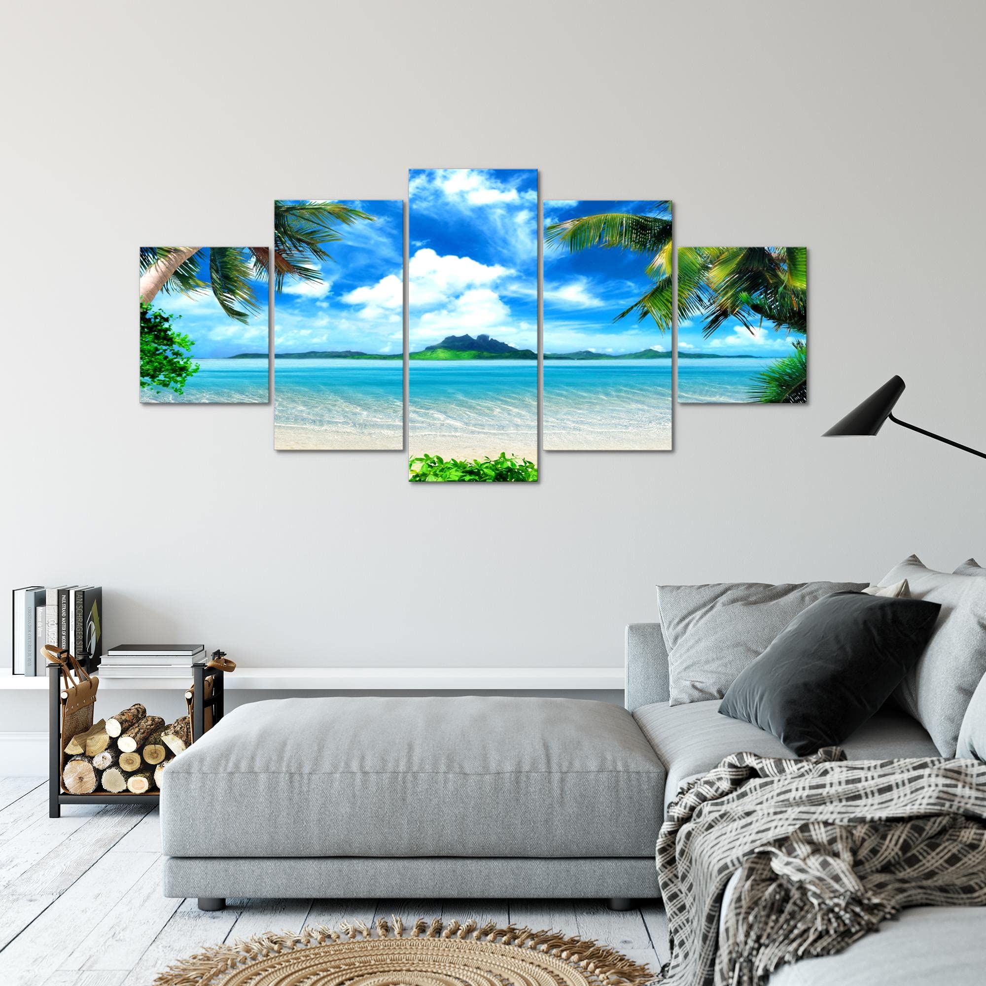 Runa Art - Bilder Strand Palmen 200 x 100 cm 5 Teilig XXL Wanddekoration Design Blau Beige 603351a