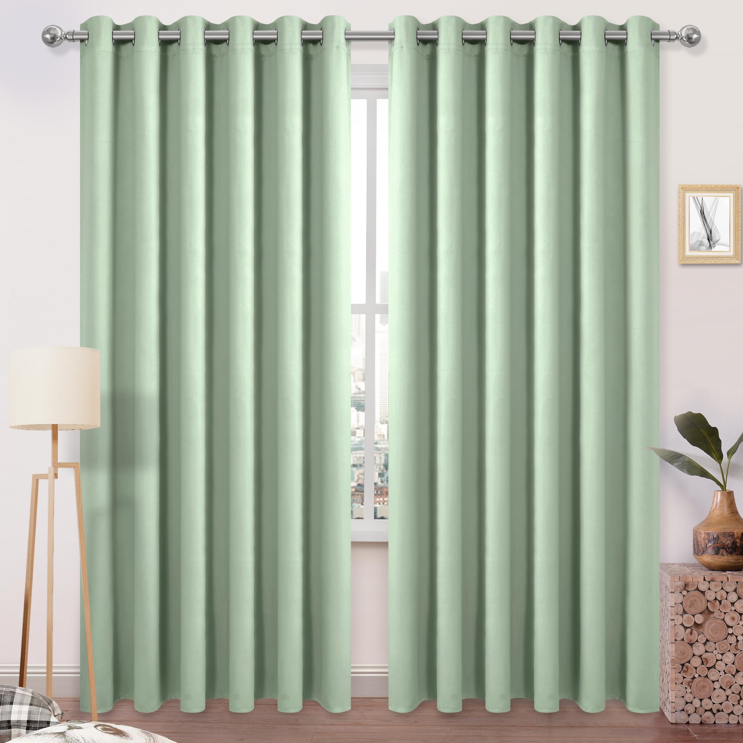DWCN Blackout Curtains 84 Inches Long, Room Darkening for Bedroom, Solid Grommet Living Room Extra Wide, Light Green, W70 x L84 Inch, Set of 2
