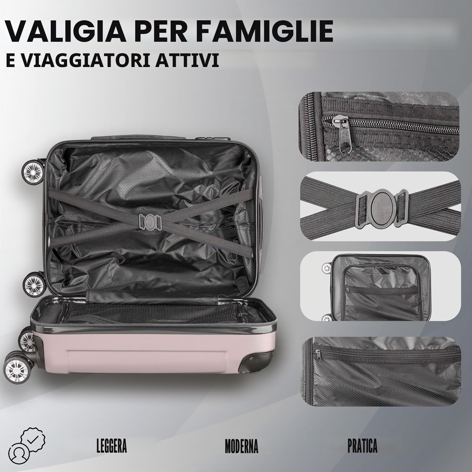 POSH Valigia rigida con ruote trolley bagaglio a mano, grande, media, piccola in ABS, Set di valigie leggere da 3 pezzi nelle misure M-L-XL (rosa cipria, M)