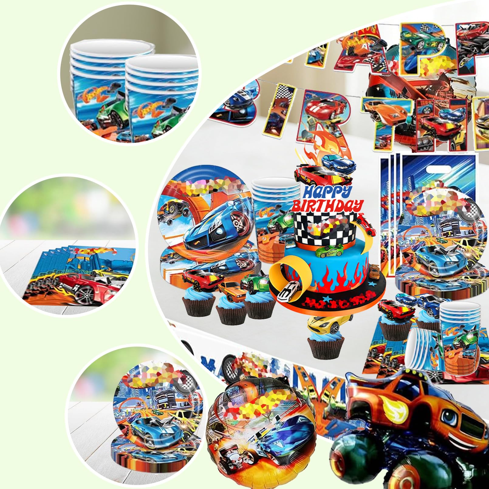 Hot Wh-els Stoviglie per Feste di Compleanno，Addobbi Compleanno Hot Wh-els，Cars Tovaglia, Piatti di Carta，Adatto a 10 persone