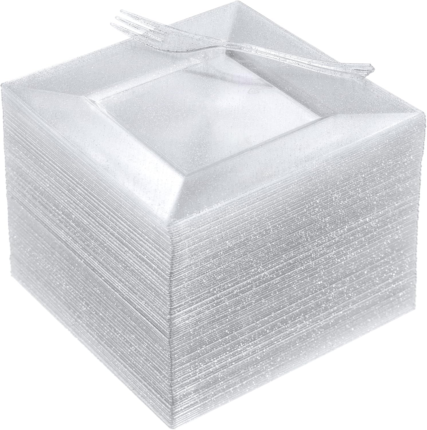 DaYammi 100 Plastic Dessert Plates 6" with 100 Plastic Forks 5.7"- Silver Glitter Disposable Square Plates Fancy Salad Plates Appetizer Plates and Silver Plastic Forks Combo Bulk Set for Wedding Party