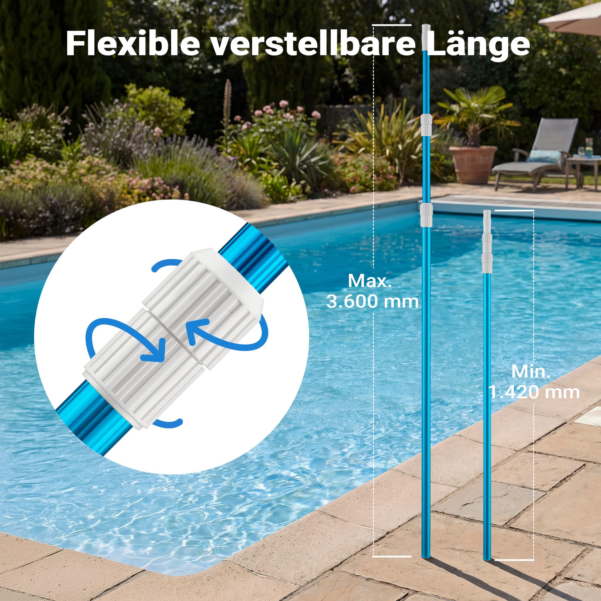 Wiltec Teleskopstange zur Poolreinigung ausfahrbar 120-360 cm Teleskopstiel passend für Bodenbürsten & Kescher