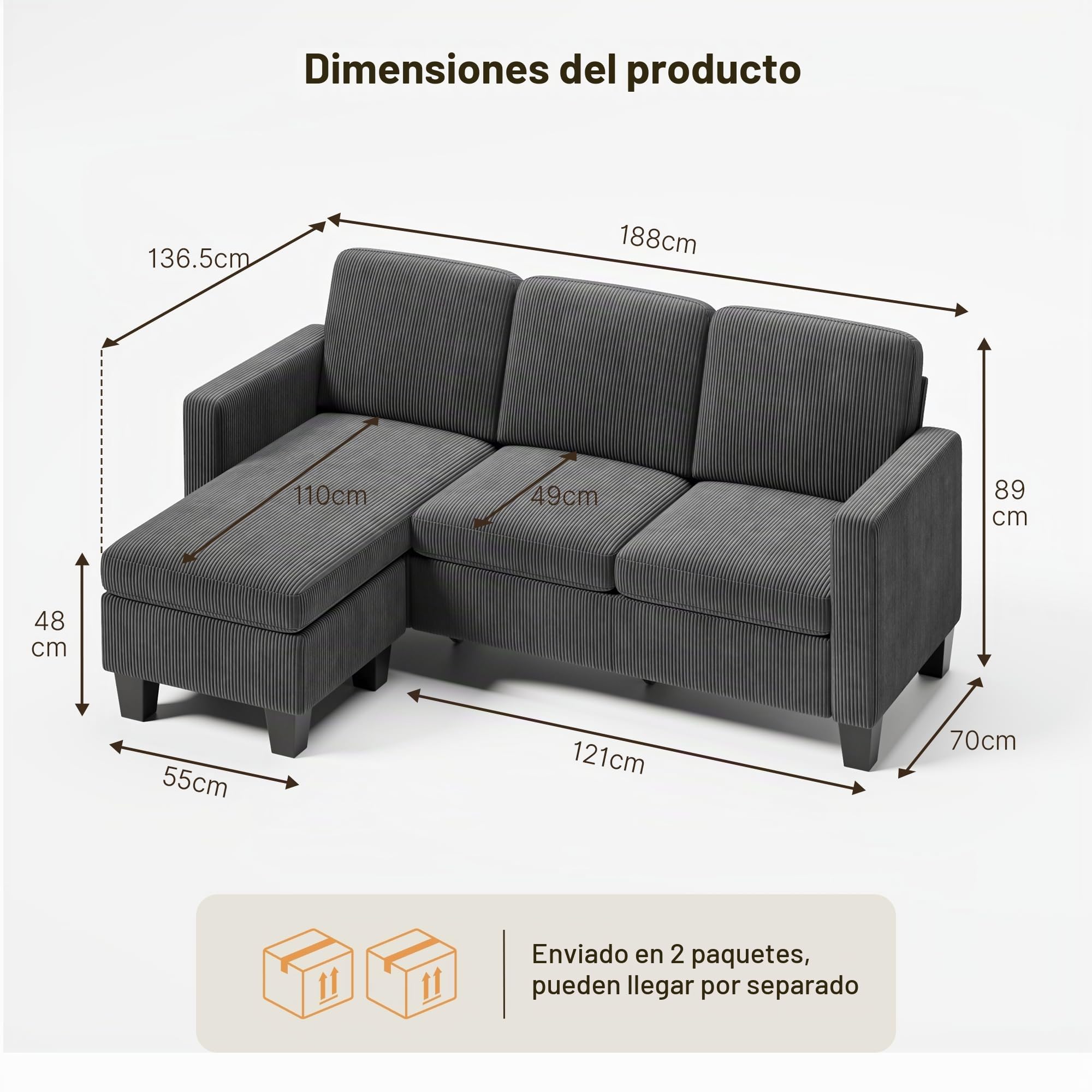 Xbro Sofá Chaise Longue de 3 plazas en Forma de L, Relleno de Esponja de Alta Resiliencia, Tejido de Algodón y Lino Transpirable para Salón Moderno, Gris Oscuro