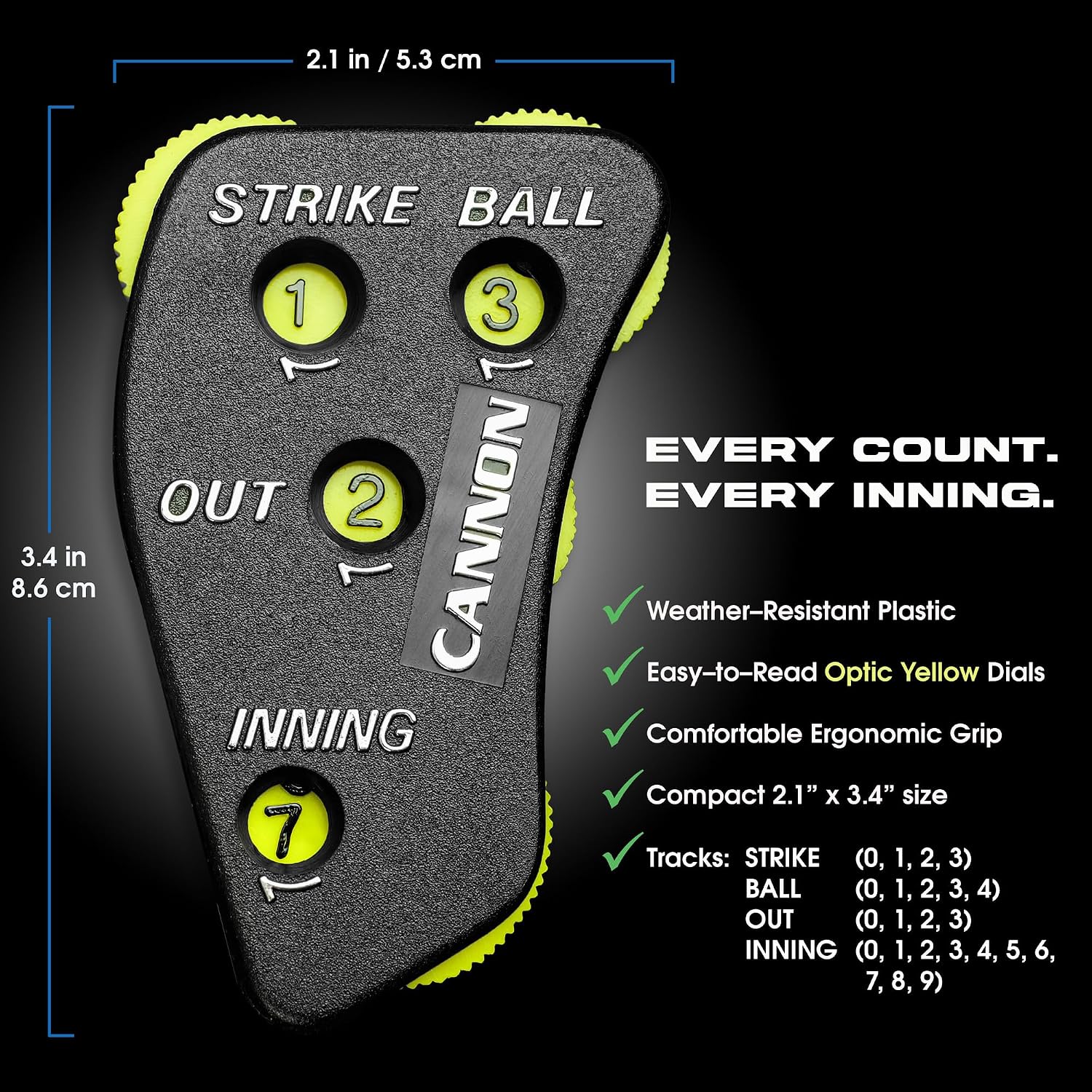 Cannon Sports 4 Wheel Umpire Indicator - Optic Yellow Dials for Counting Strikes, Balls, Outs, Innings - Essential Softball Baseball Umpire Clicker