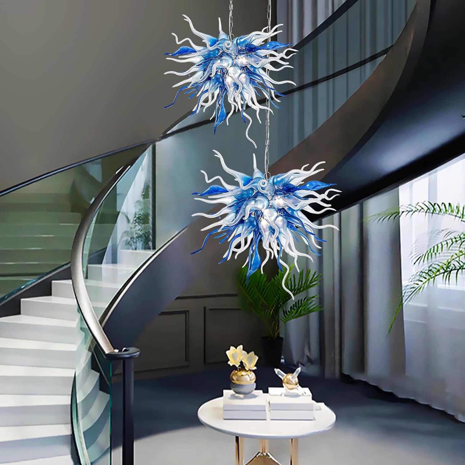 Hand Blown Glass Chandelier,Novel Blue White Glass Art Chandelier with Chili Shaped lampshade,Clearing Elegant Light Fixture for Bedroom,Living Room Height Adjustable (24" L x 28" W)