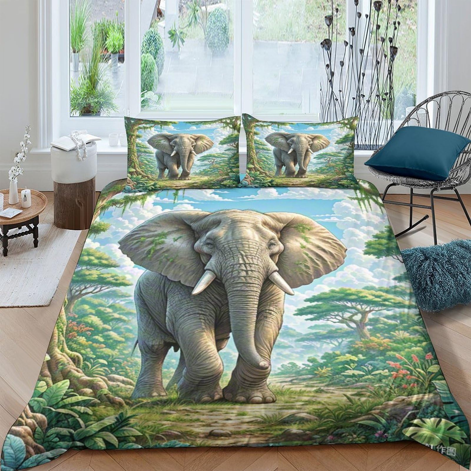 Linge de lit éléphant africain en microfibre 220x240cm, housse de couette 3D et taie King