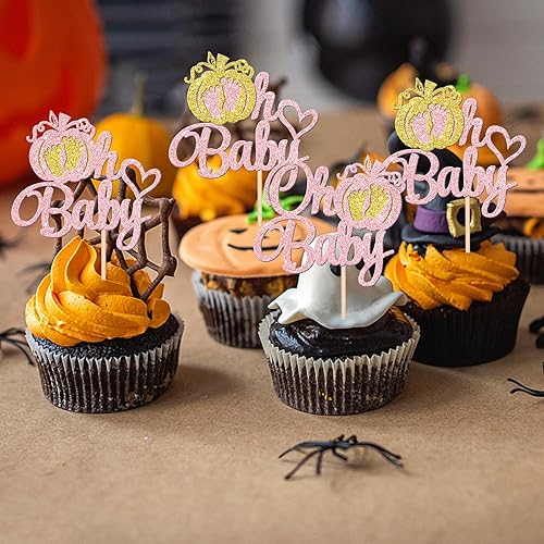 Miniatura 6 de 24 piezas de calabaza Oh Baby Cupcake Toppers Glitter Heart Feet Baby Shower Cupcake Picks para otoño, Acción de Gracias, tema de otoño, baby