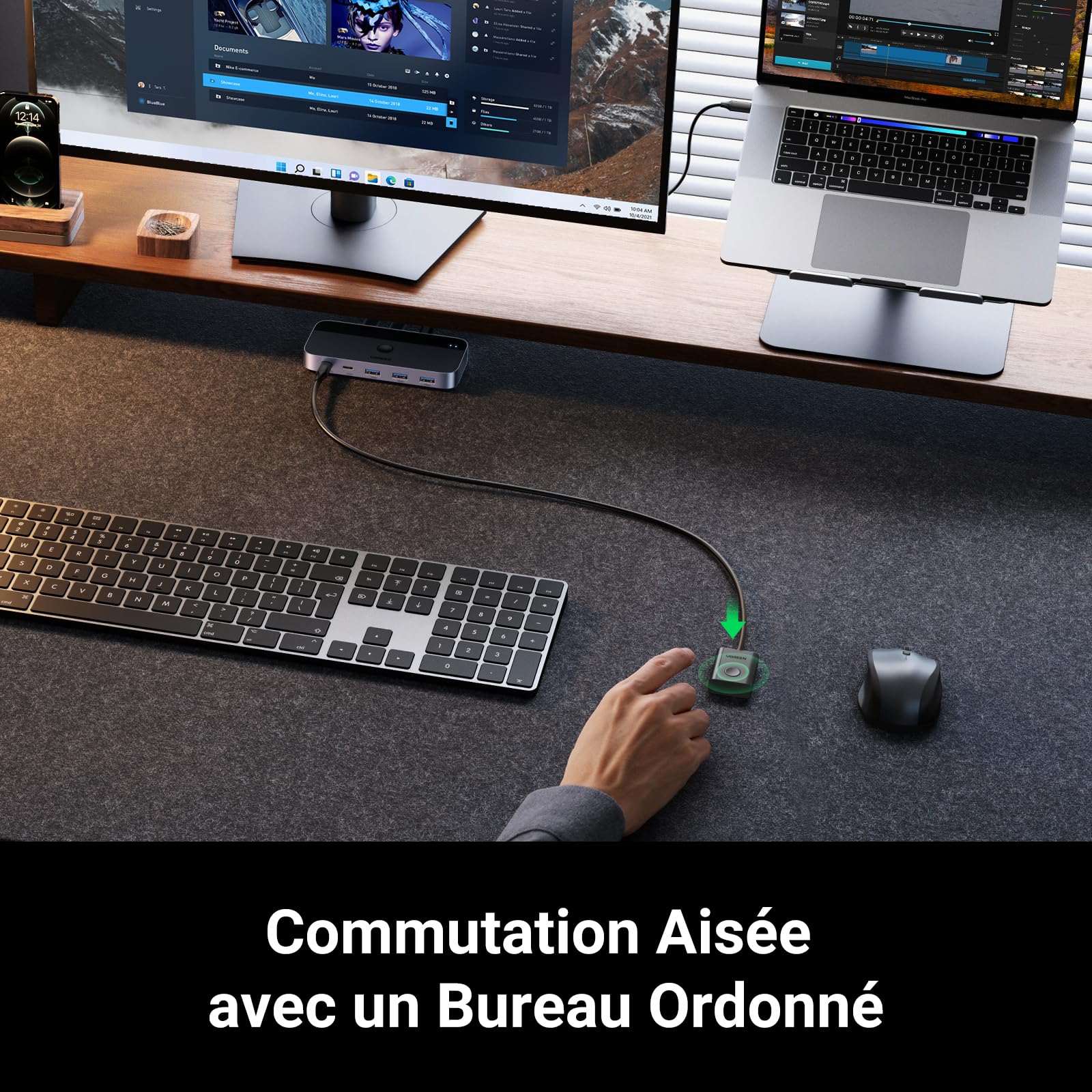 UGREEN Switch USB C 3.0 Commutateur KVM Ports pour 2 PC Entrées 4 Sorties 5Gbps pour Clavier Souris Disque Dur Imprimante avec Contrôle du Bureau et Câbles Inclus