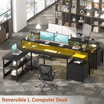 Aheaplus L Shaped Desk with File Drawer, 72.8 Reversible L Shaped Computer Desk with Power Outlet & LED Strip, Gaming Desks with Long Monitor Stand, Corner Office Desks with Storage Shelf, Black
