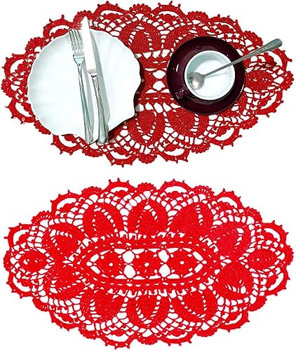 Miniatura 2 de SUNONE11HKA Mantel individual ovalado de encaje de ganchillo de 21 pulgadas de largo, lavable, jarrón de cocina (rojo, 2)