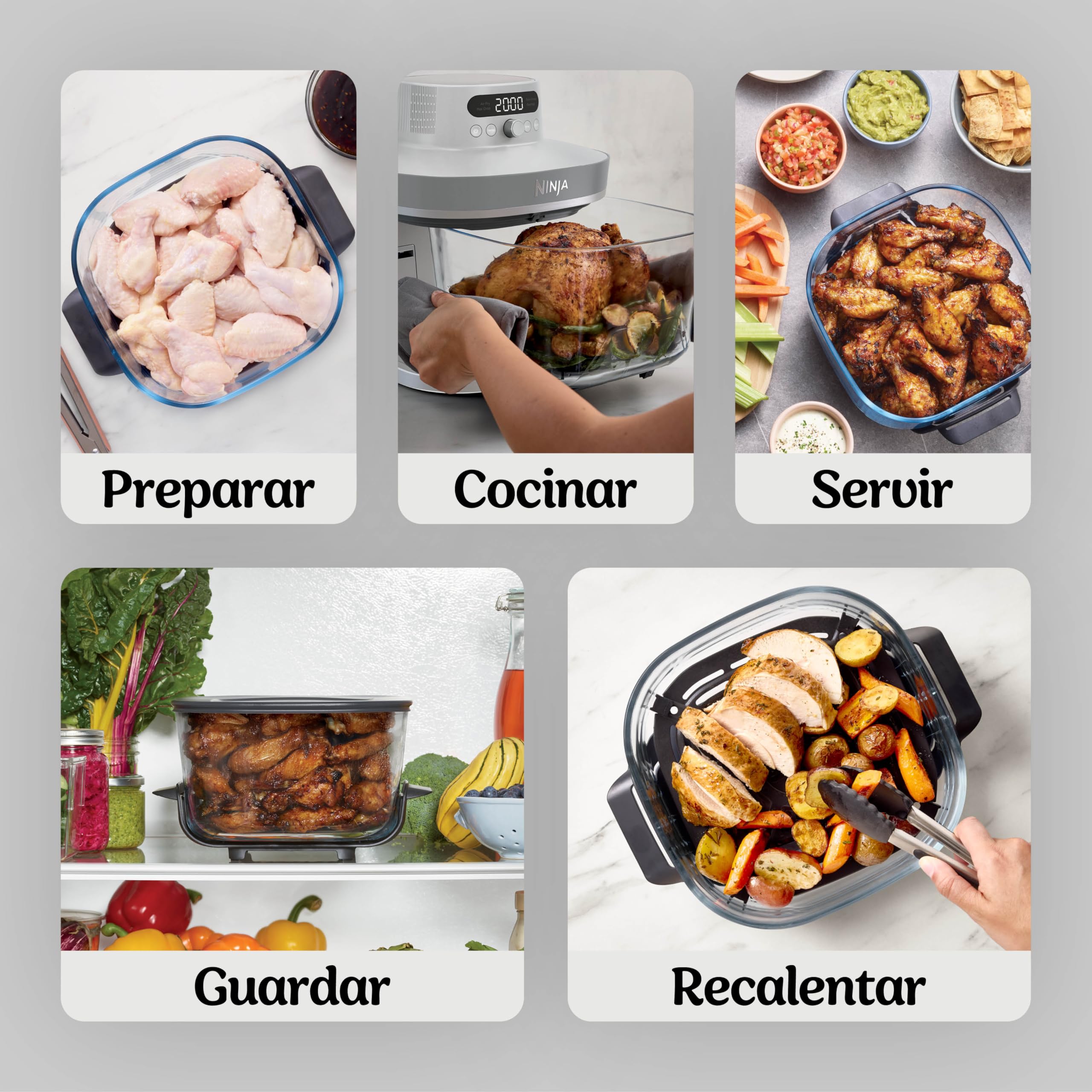 Ninja CRISPi PRO XL Freidora de aire, 5 funciones de cocción predefinidas, recipientes de cocción de cristal CleanCrisp de 5,7 y 2,3 l y tapas para almacenamiento, Blanco AS090EUWH