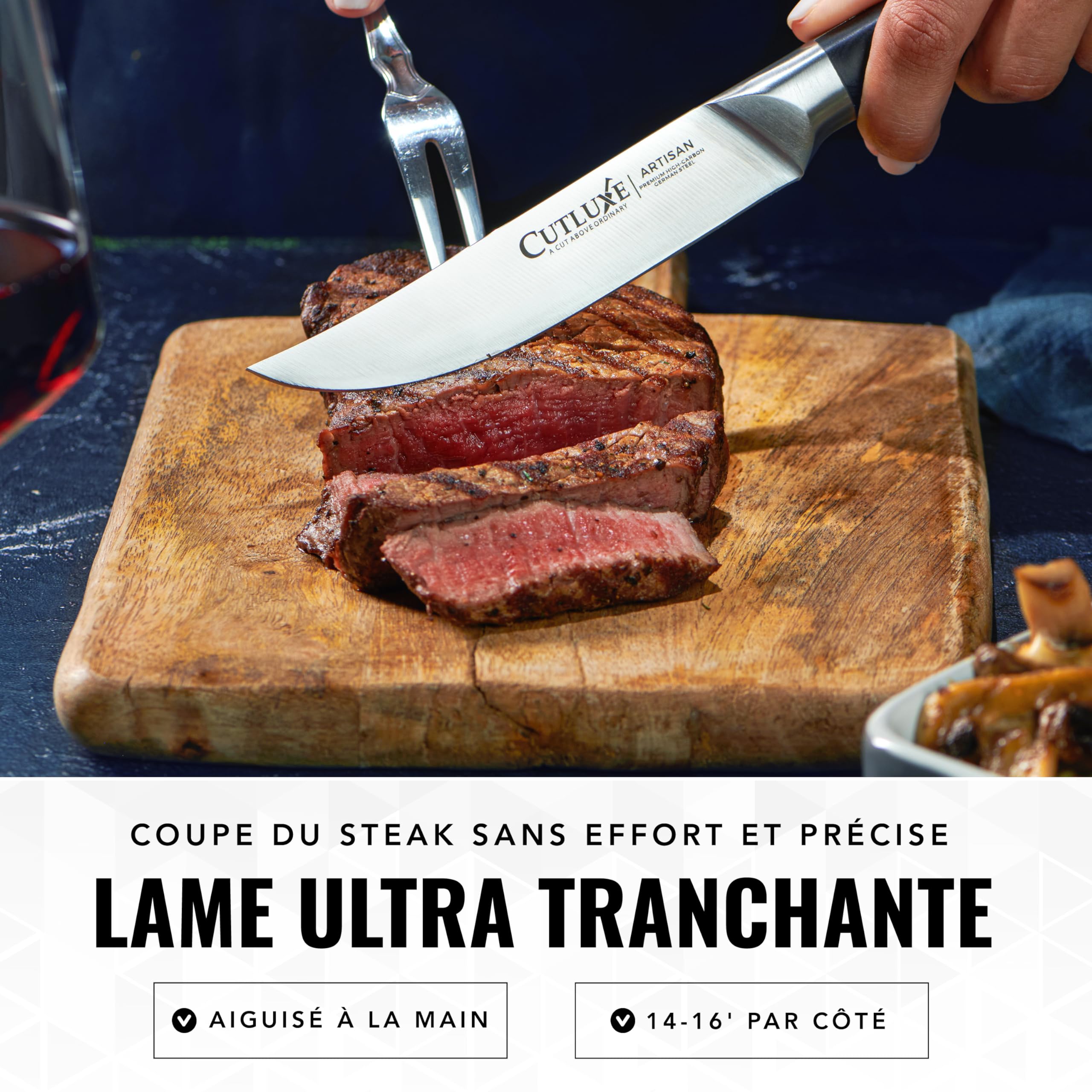 Cutluxe Couteaux à Steak 4 Pièces – Bord Uni, Couverts de Table | Lame effilée en acier allemand, manche ergonomique antidérapant; parfait pour viande grillée et repas; garantie à vie