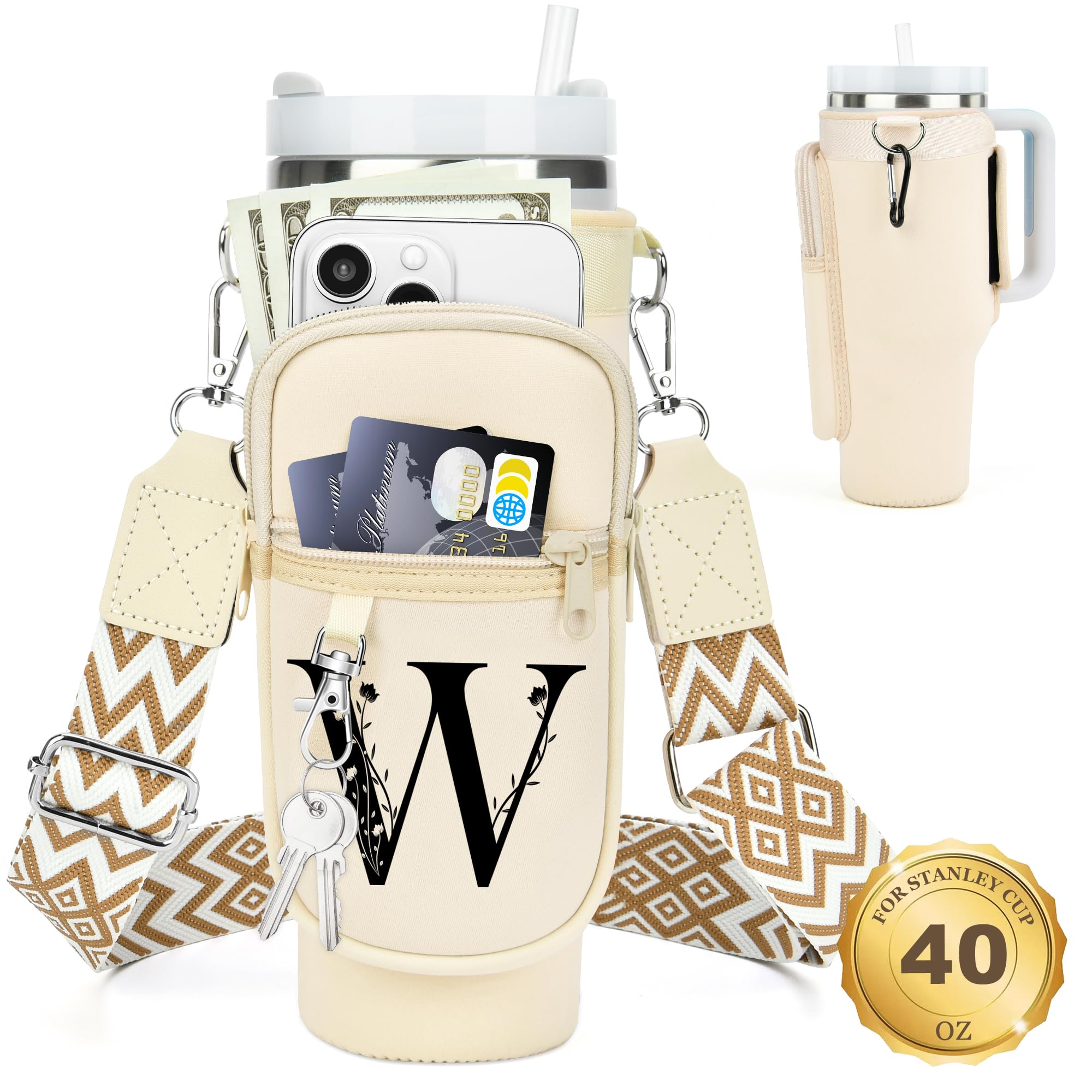 Initial Water Bottle Holder with Strap for Stanley Cup 40 oz Tumbler