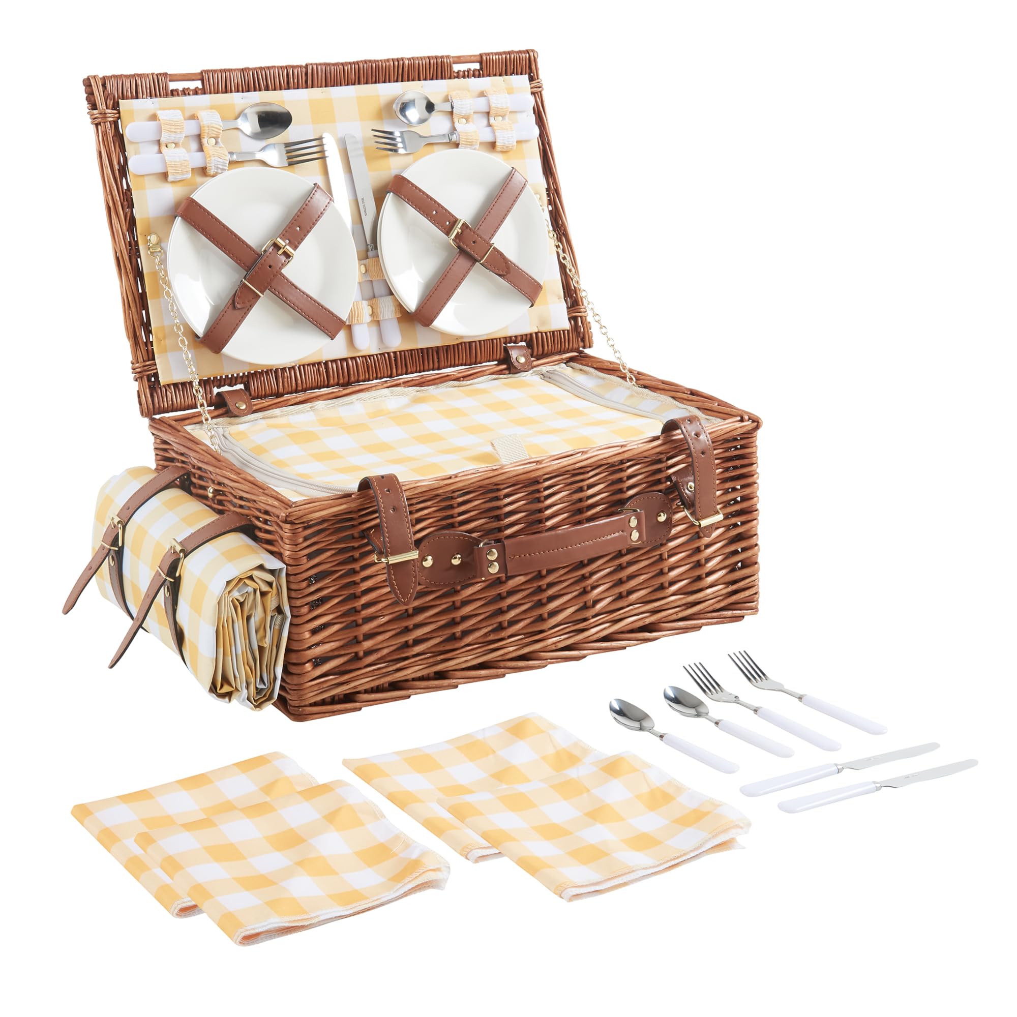 casa.pro Juego de Cesta de Pícnic Brindisi para 4 Personas con Manta Platos Cubiertos Compartimento Aislado Forro a Cuadros Correas de Polipiel Mimbre 46 x 31 x 20 cm - Blanco/Amarillo a Cuadros