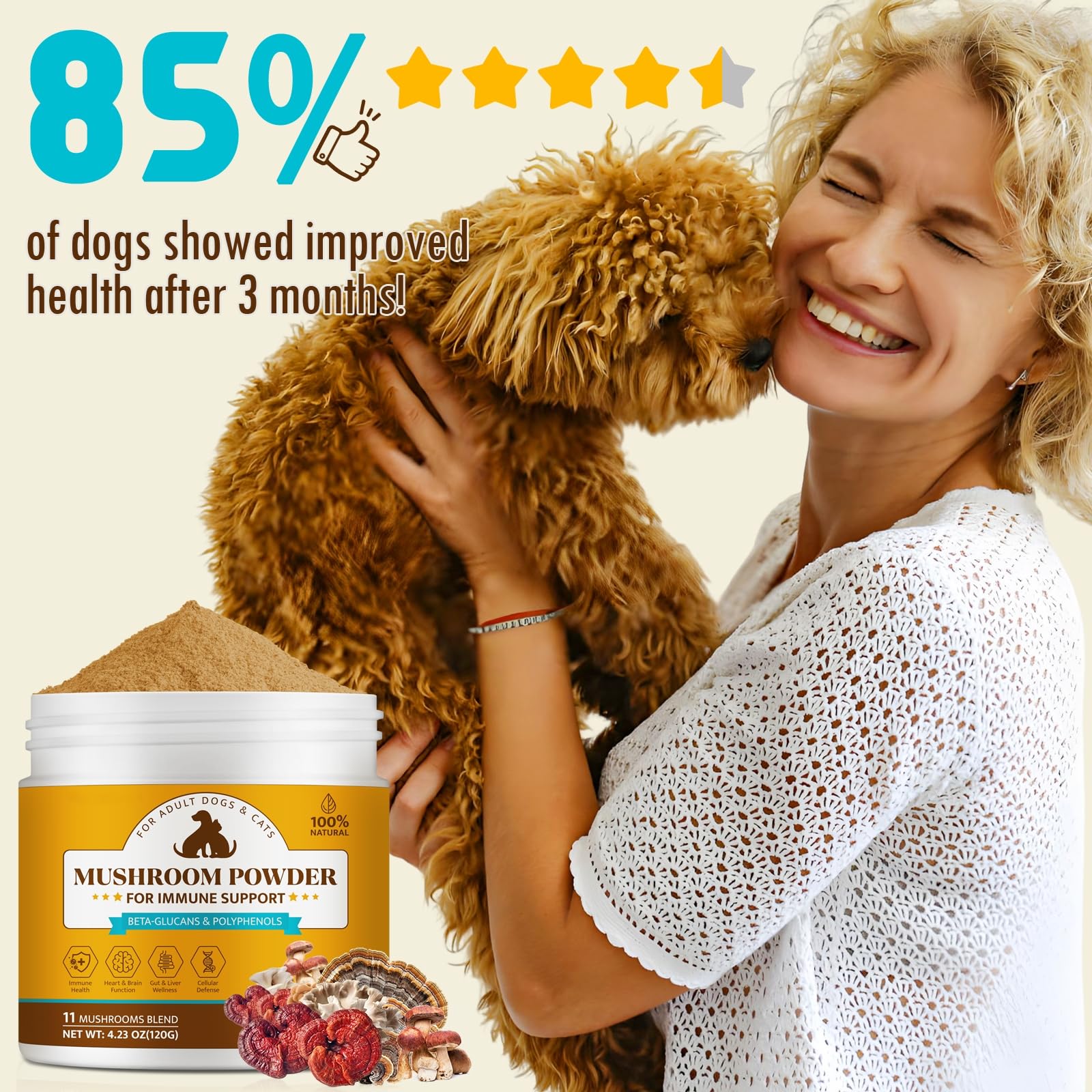 Organic Mushroom Supplement Powder for Dogs & Cats – 11 Mushroom Complex with Turkey Tail, Reishi & Cordyceps, Supports Lipoma, Lumps & Bumps Relief, Immune & Skin Health, 120g — Amazon image 6