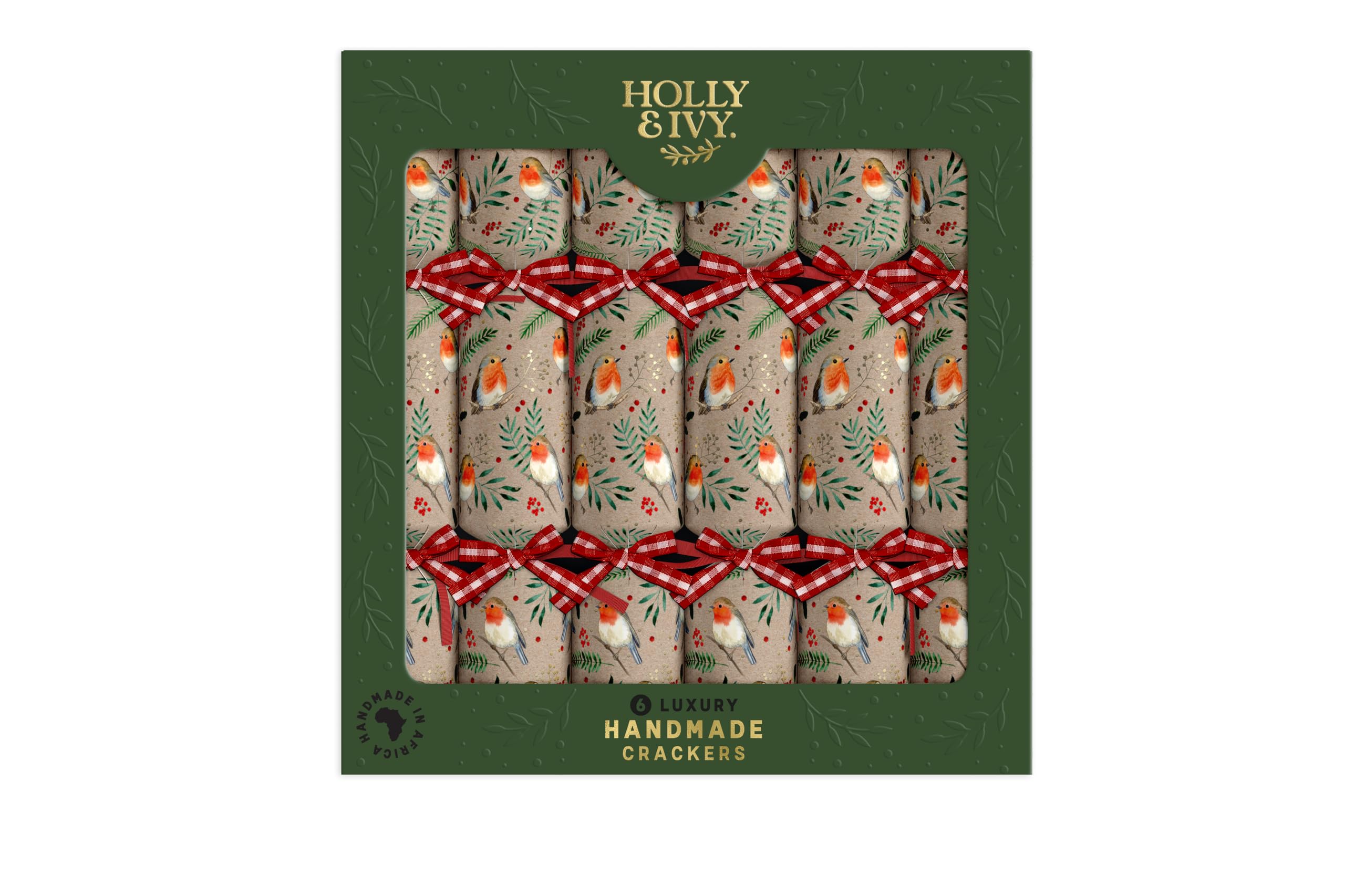Holly and Ivy Luxury Christmas Crackers – Kraft Robin Design – 14 Inch Handmade Crackers with Hats Jokes and Gifts – Box of 6