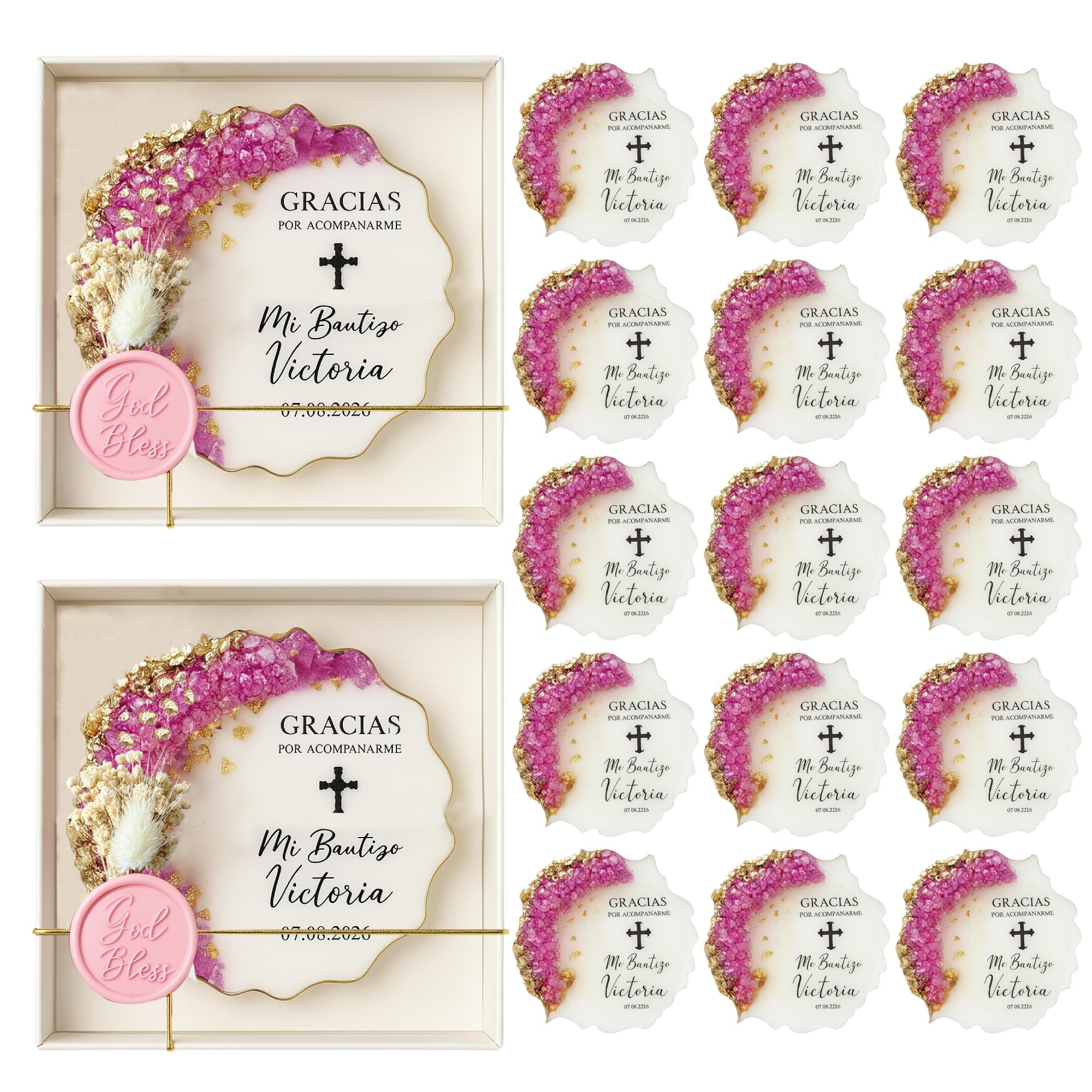 Personalisierte Gastgeschenke Taufe, Taufgeschenk für Gäste, Epoxidharz Magnet mit Name & Datum, Gastgeschenk Taufe Junge Mädchen, Christliche Taufdeko mit Wachssiegel (20 Stück mit Geschenkbox)