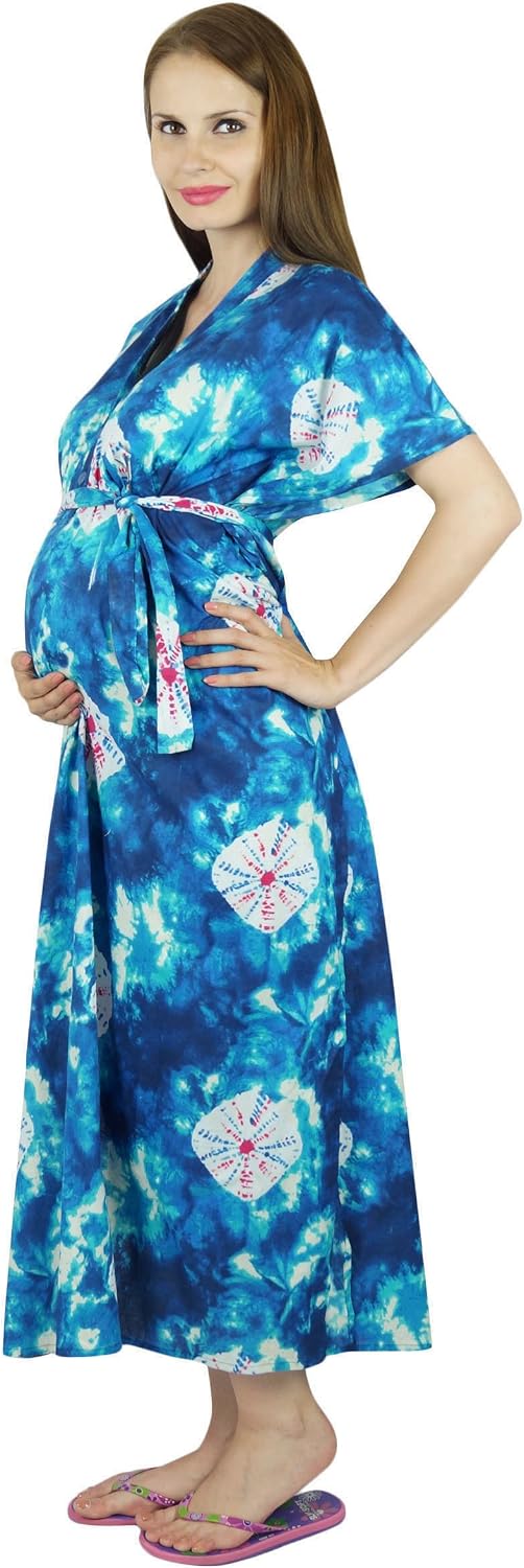 Bimba Cotton Maternity Kaftan Nursing Moms Gift Hospital Delivery Gown Front Button Closer Blue