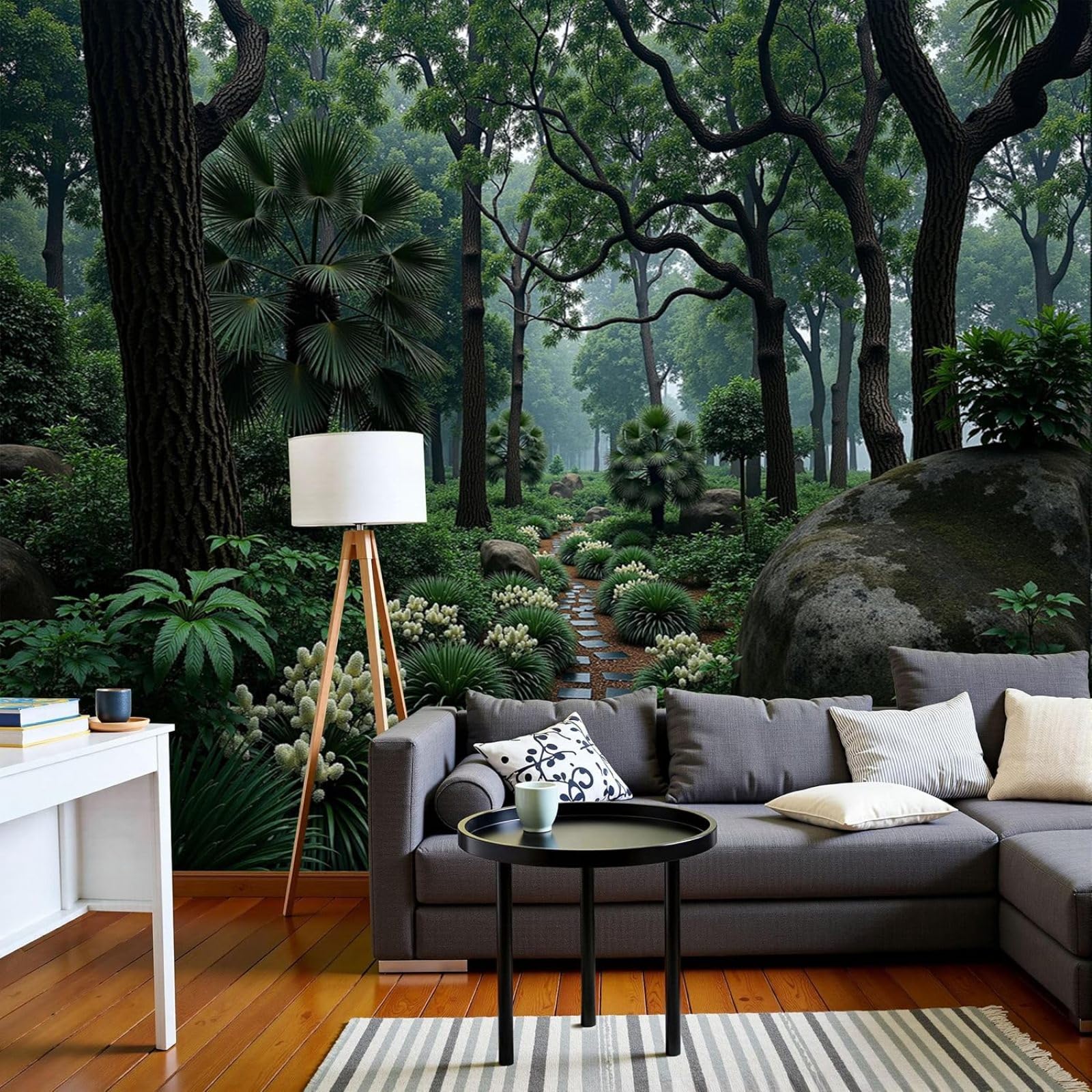 Non-woven photo wallpaper with 3D effect forest paths, natural and freehand plants for living room and bedroom, green wall mural for wall decoration, 430cm x 300cm stickers - frameless painting - post