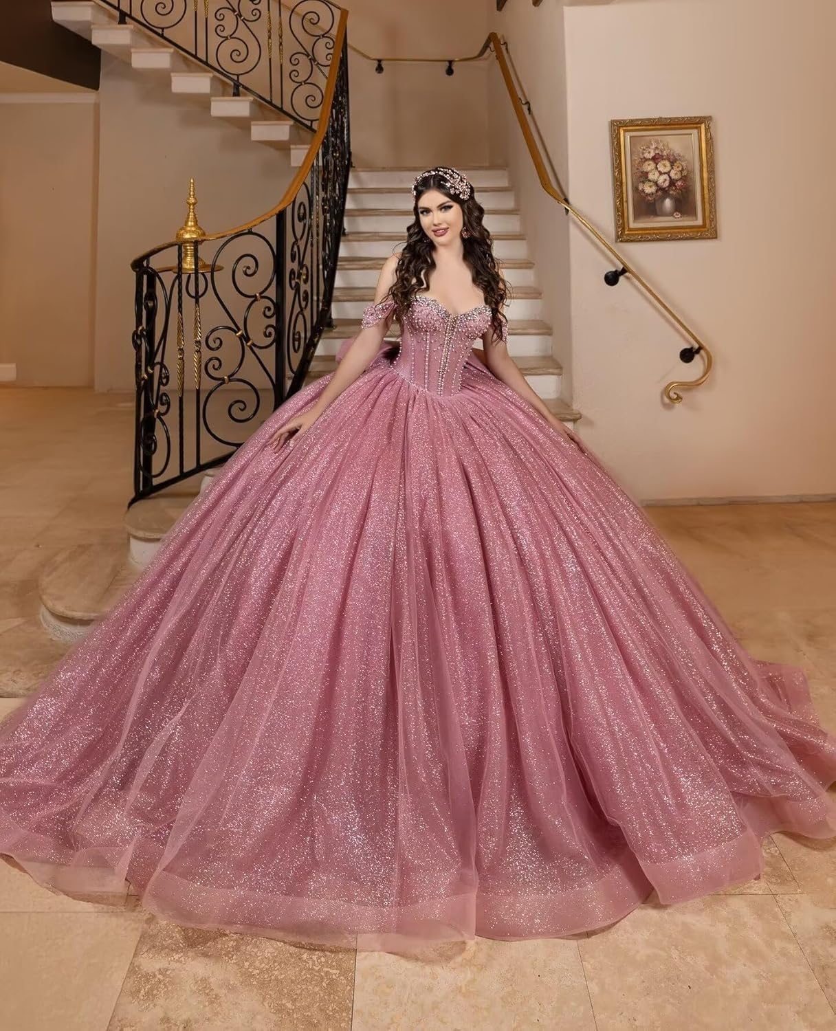 Vestidos de quinceañera con Brillo Lazo abullonados Cuentas Hombros Descubiertos Elegantes Vestidos de 16 años MT056