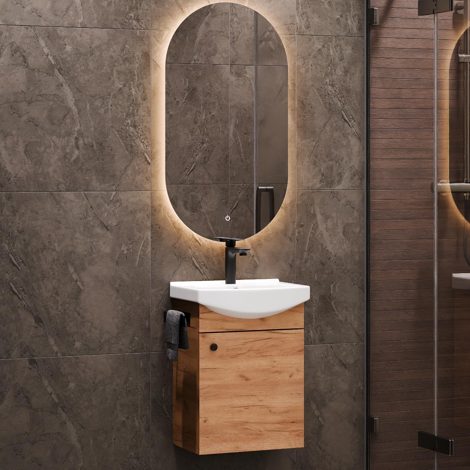 Planetmöbel Set di mobili da bagno lavabo con mobiletto 45 x 60 x 33 cm, specchio con illuminazione 50 x 90 cm per WC ospiti, rovere oro