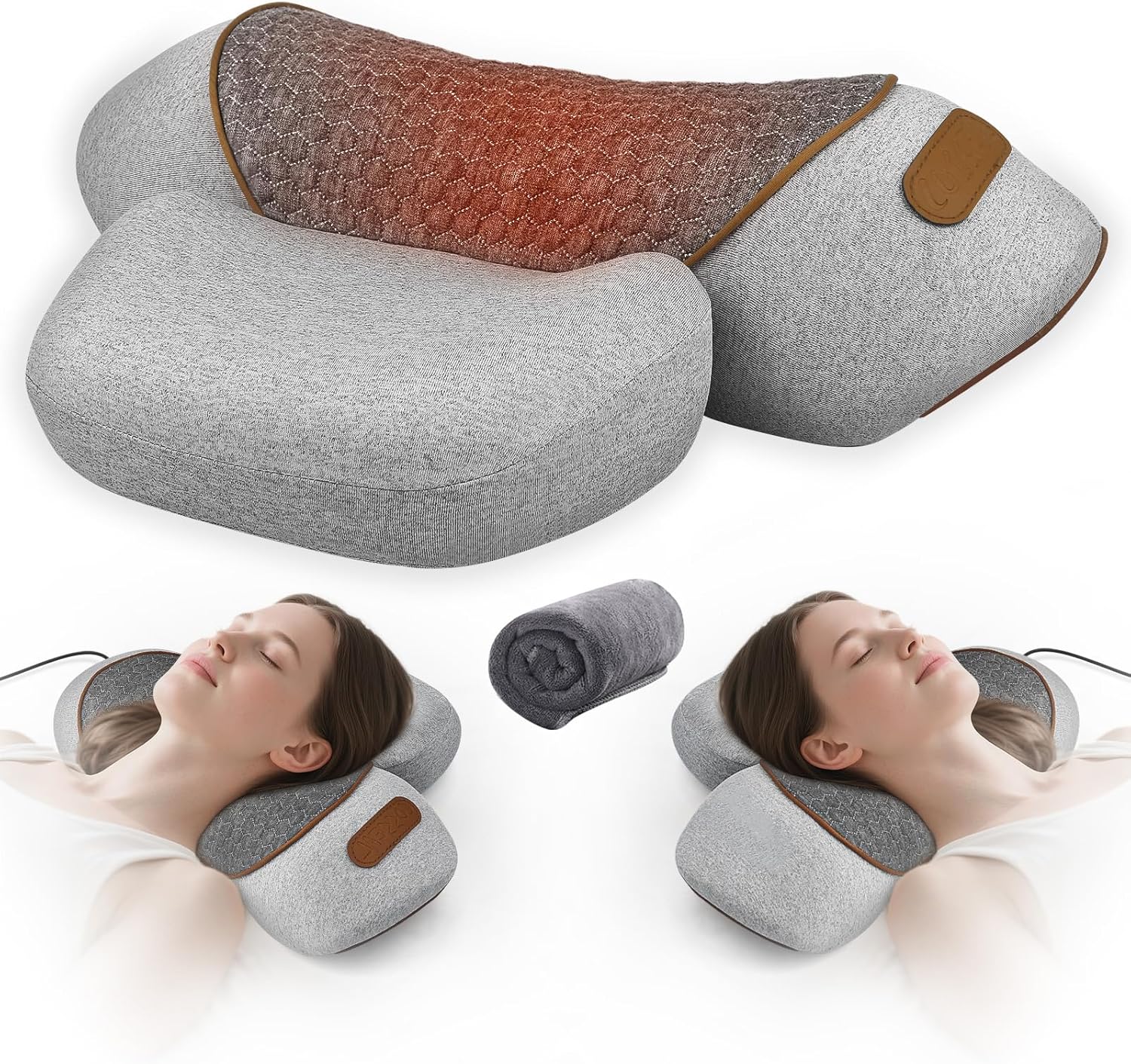 3-in-1 Neck Massager Pillow with Heat, Ergonomic C-Curve Inspired Support for Neck Hump Comfort and Daily Tension Relief, Premium Neck Pillow Massager for Home, Office and Travel Gray
