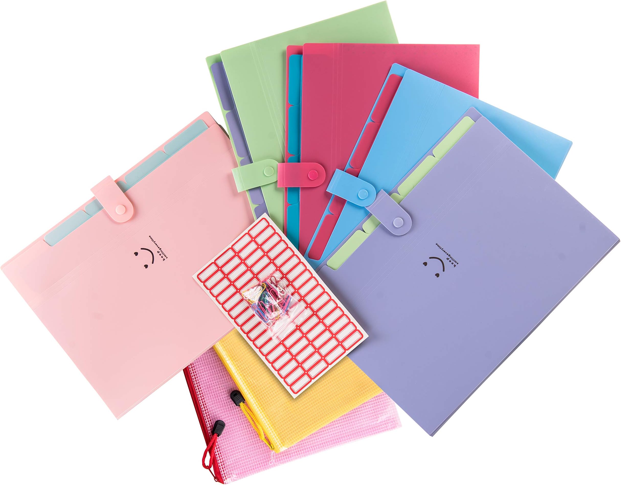 5 Pockets Expanding File Folders | Accordion Document & Paperwork Organizer, School & Office Supplies | A4 Letter Size, Button Closure |Storage Solution for Business, Home, Classroom |Pack of 5 Colors