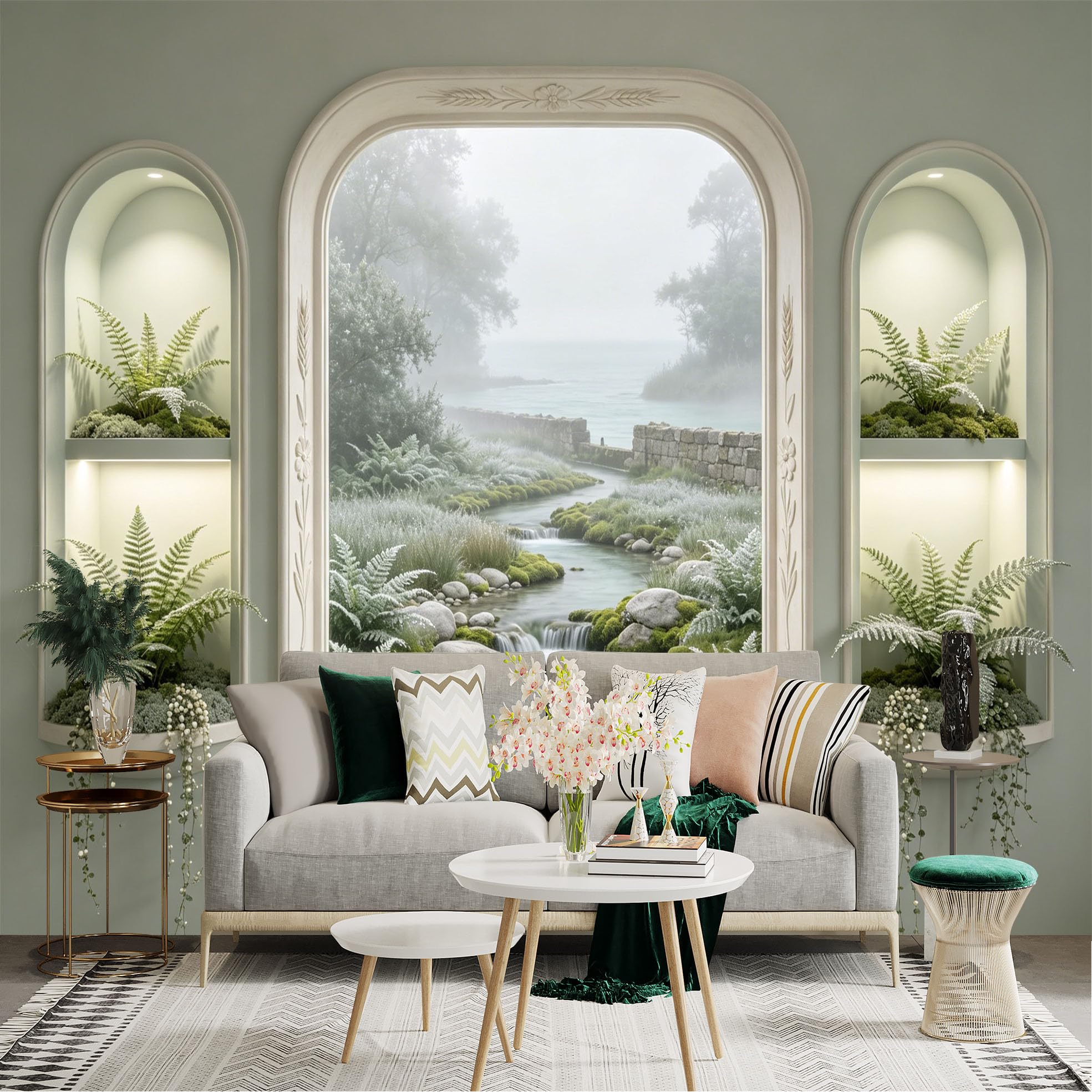 Custom Size Wall Sticker Mural， Misty River Landscape with Ferns and Stone Wall， for wall Decoration， peelandstick wall Decals.