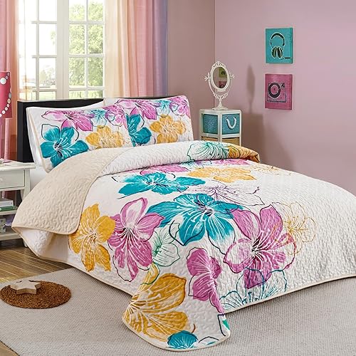 Miniatura 2 de DJY Juego de edredón romántico de color rosa y verde azulado, tamaño individual, juego de edredón floral colorido de 2 piezas, juego de ropa de cama