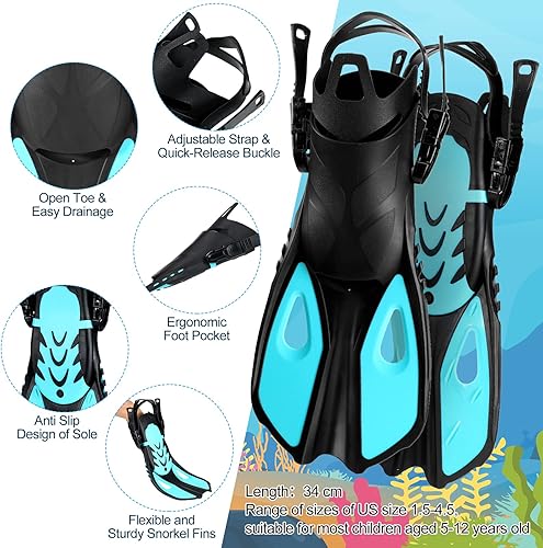 Miniatura 5 de 2 máscaras de esnórquel de cara completa para niños con aletas de natación ajustables, vista panorámica de 180 grados, máscara de esnórquel de