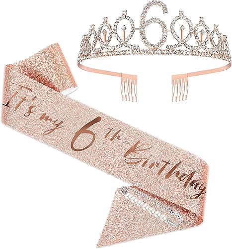 Juego de tiara y banda de oro rosa de 6º cumpleaños, suministros para fiestas de cumpleaños para niñas