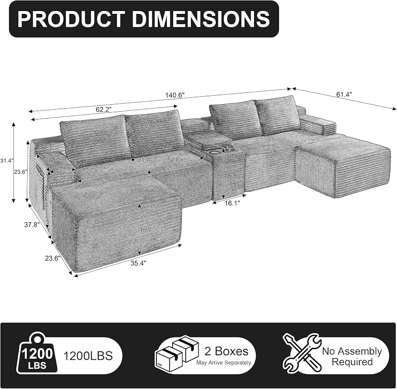 Tmsan 140.6" Black Boneless Cloud Sectional Sofa U Couch for Living Room image 2