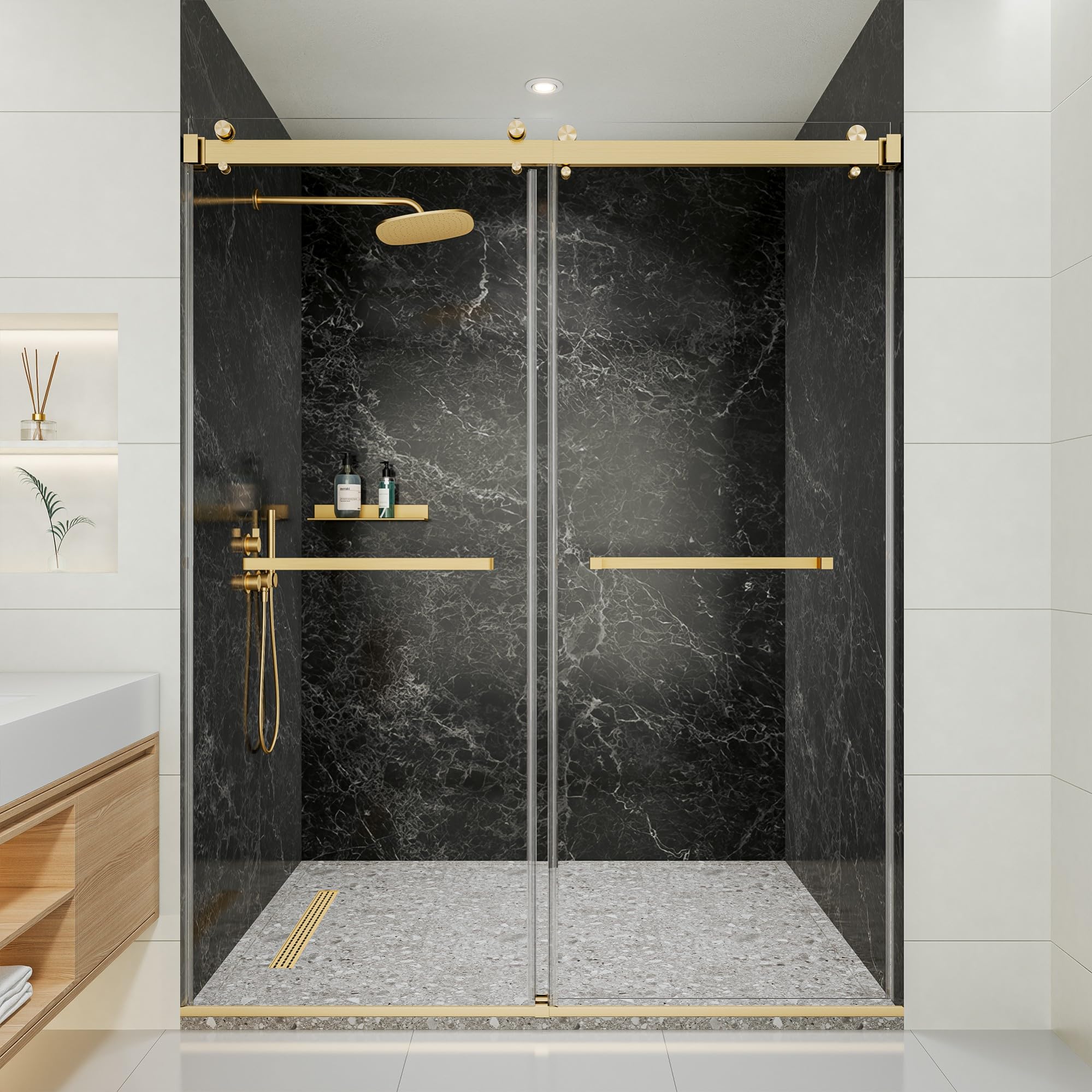 50-54" w x 76" h frameless shower door, double sliding glass shower door with 5/16" (8mm) clear sgcc tempered, roller disc system, 304 stainless steel (brushed gold, 50-54" w*76" h)