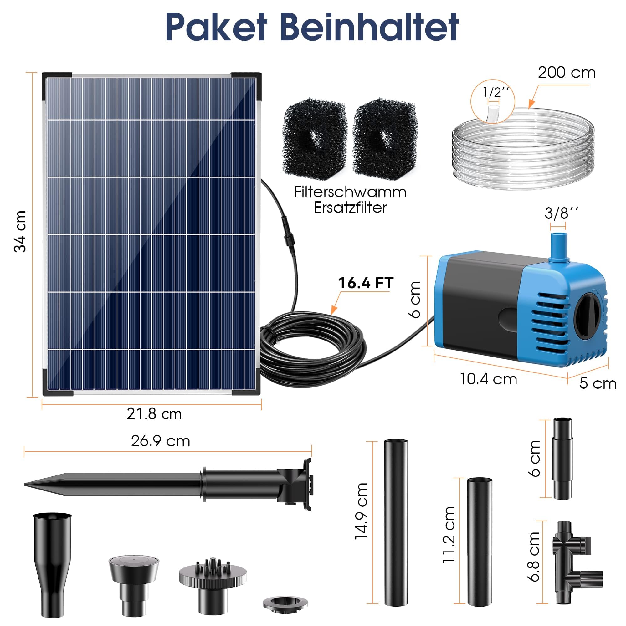 Fontana solare per esterni 12 W 605 l/h con 4 ugelli e tubo 5 ㎡