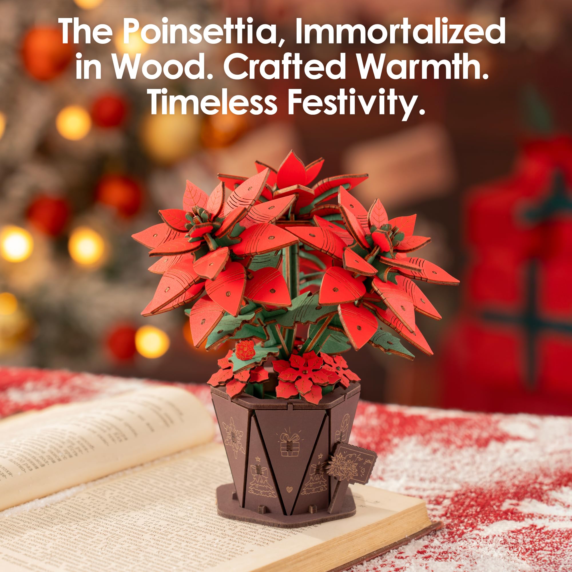 ROBOTIME 3D Puzzle Poinsettia, Wooden Artificial Flower Model Kits for Adults to Build Home Decor Accessories - Image 3
